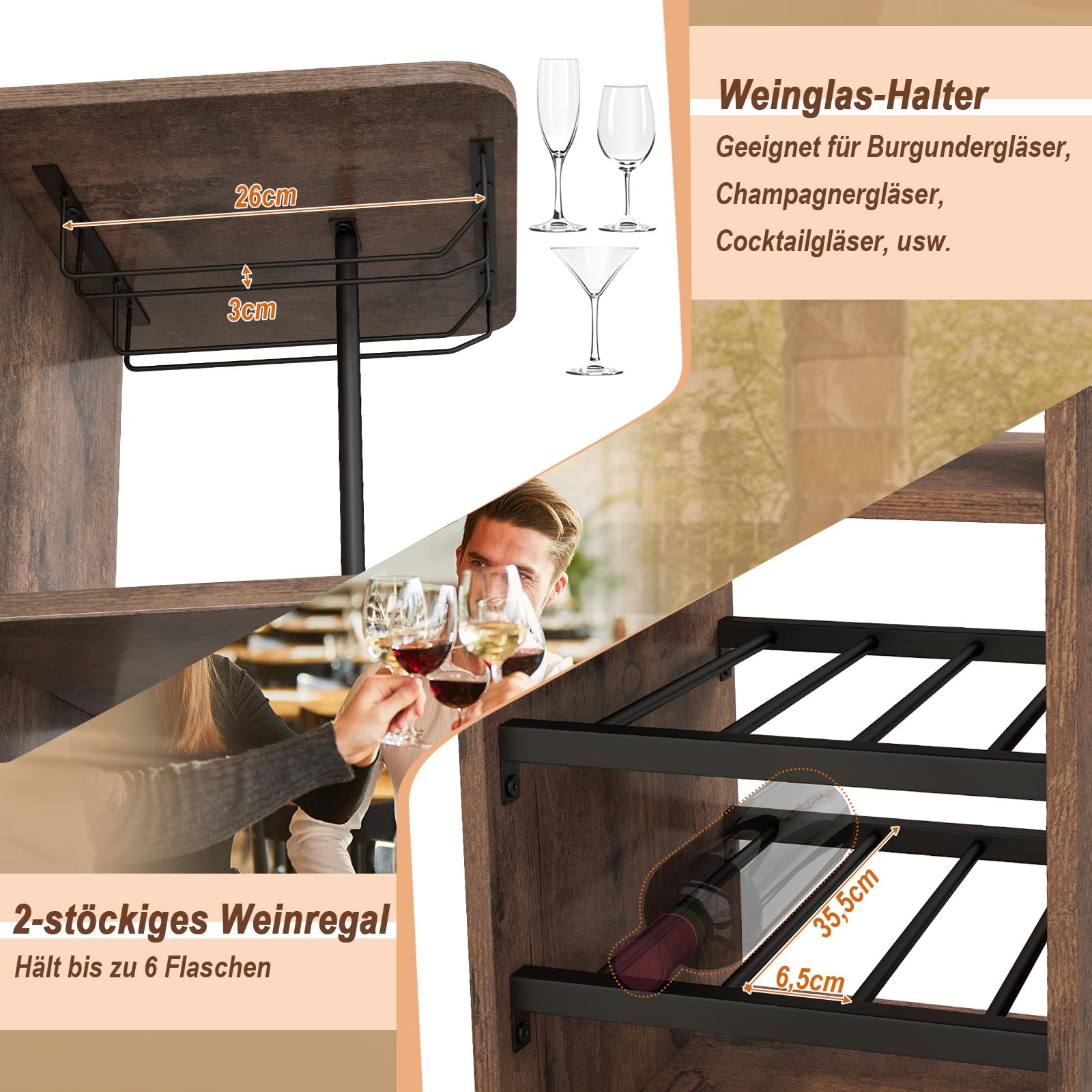 RELAX4LIFE Bartisch Set 3-Teilig, Esstisch mit 2 Barhockern, Thekentisch mit 3 Ablagen & 2-stufigem Weinregal & Glashalter, Bistrotisch Set mit Metallgestell, Essgruppe für 2 Personen (Kaffee)