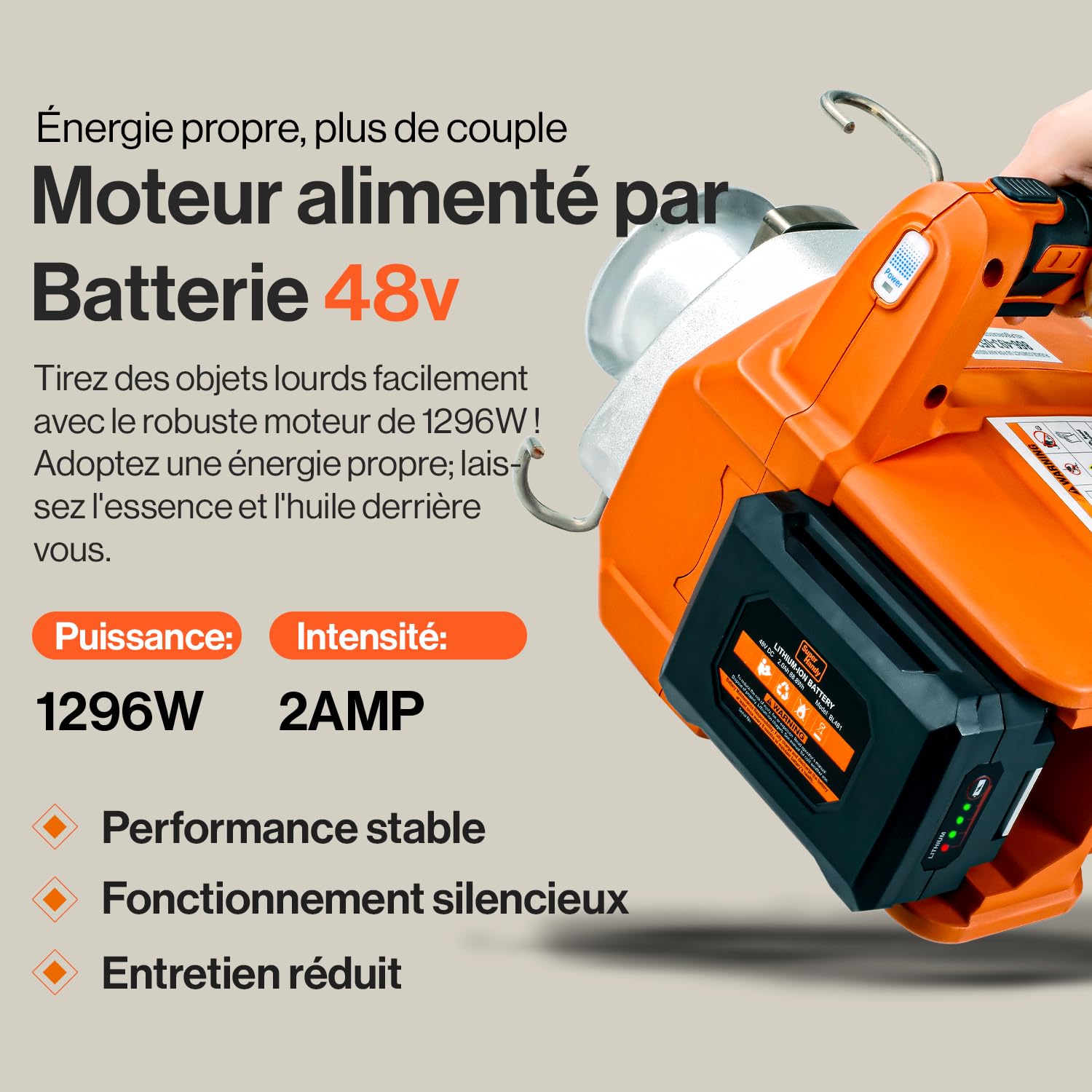 SuperHandy Treuil électrique portable Moteur sans balais alimenté par batterie Li-Ion 454kg-908kg Force de traction maximale pour la sylviculture, la chasse(corde à faible allongement incluse)