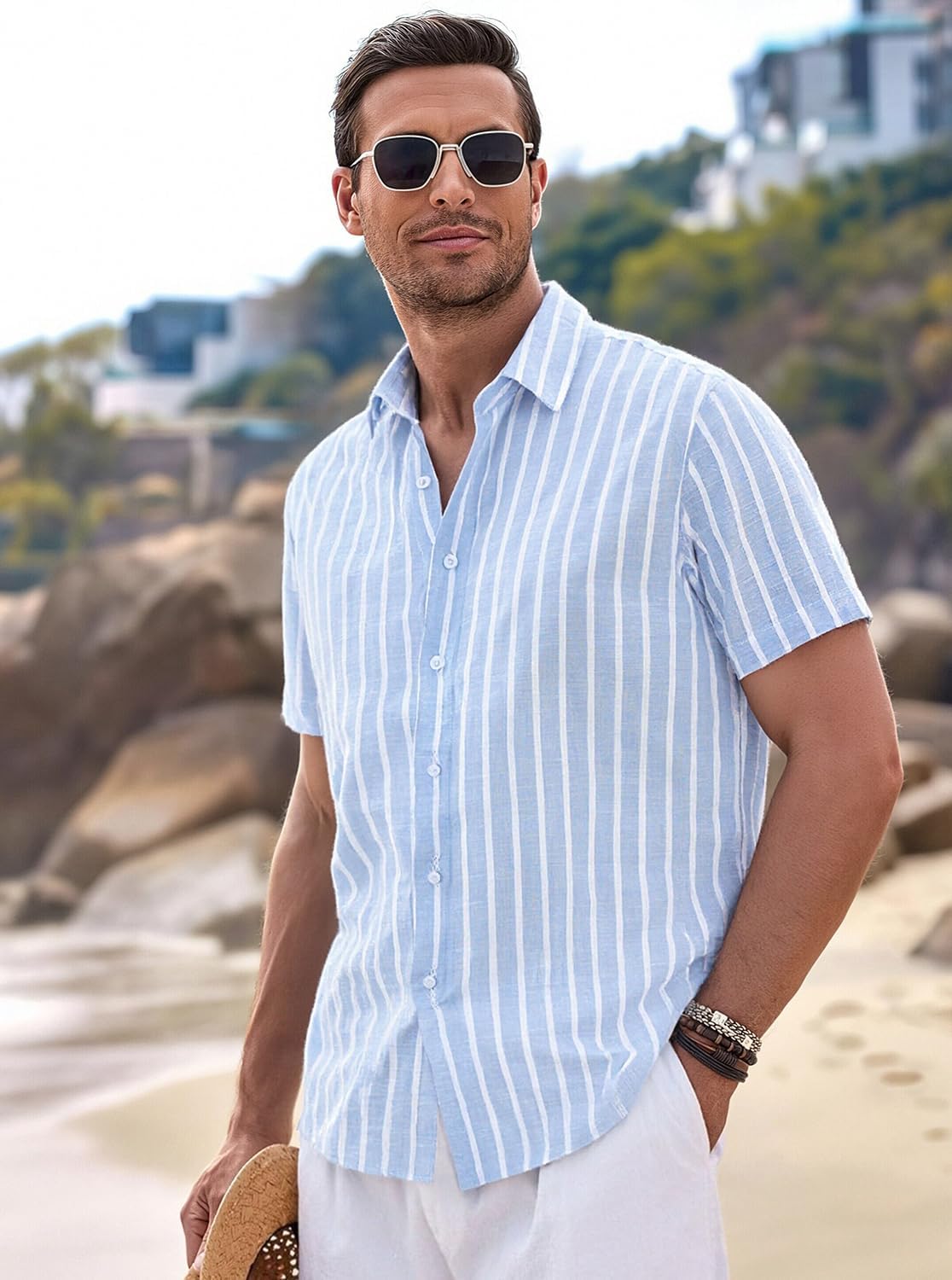Damipow Mens Linen Shirts Short Sleeve Cotton Striped Casual Button Down Shirt Beach Vacation Summer Shirts