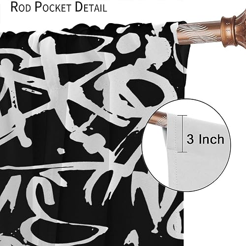 Miniatura 6 de Cortinas de graffiti en blanco y negro, divertidas, abstractas, estéticas, para sala de estar, dormitorio, cocina, decoración con bolsillo para