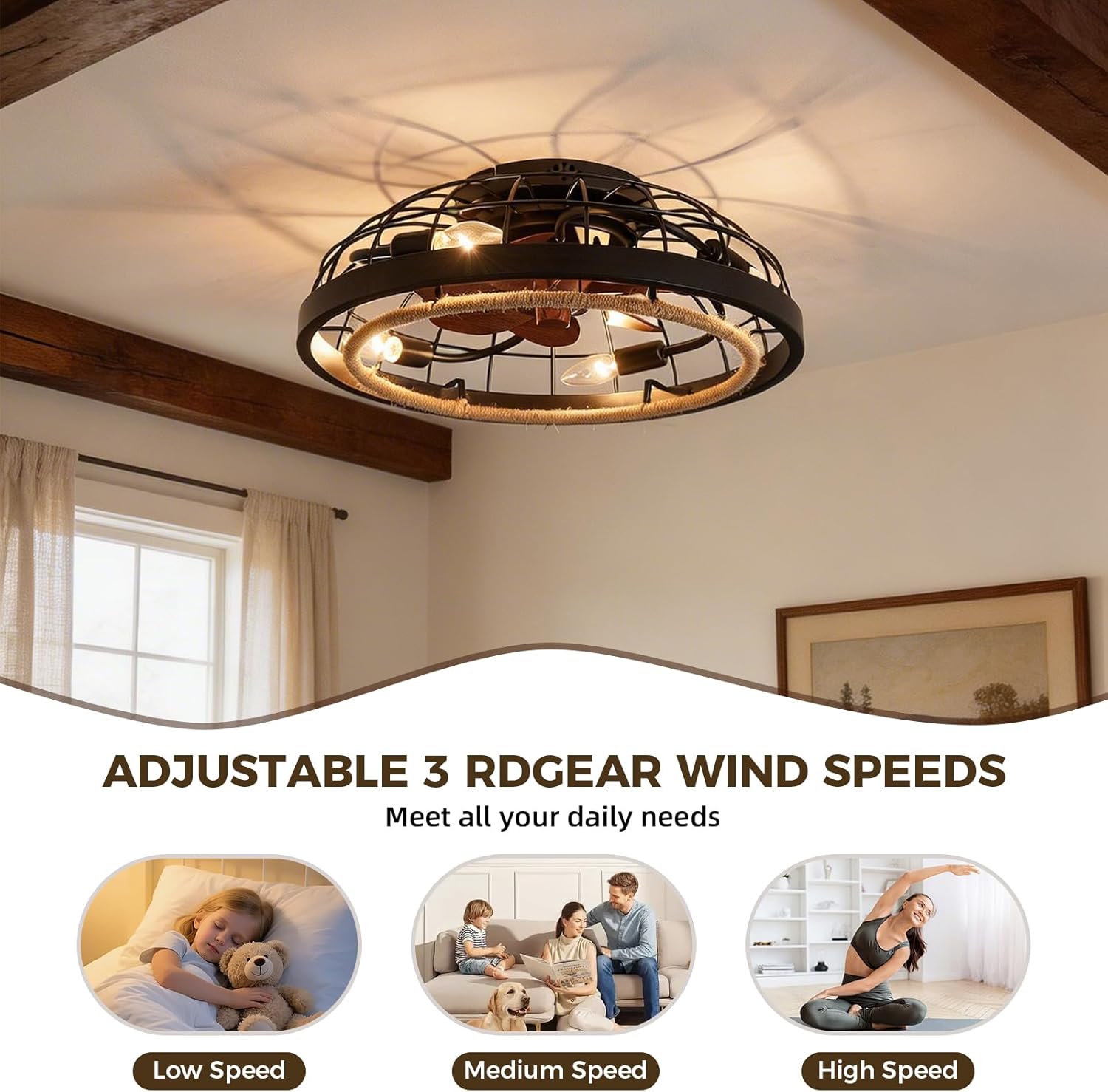 Boho Caged Ceiling Fan with Lights and Remote, Hand Woven Rattan Vintage Ceiling Fan, 6 Speed and Reversible, Rustic Black with Wood Blades for Living Room, Bedroom, Hallway, 20 Inch