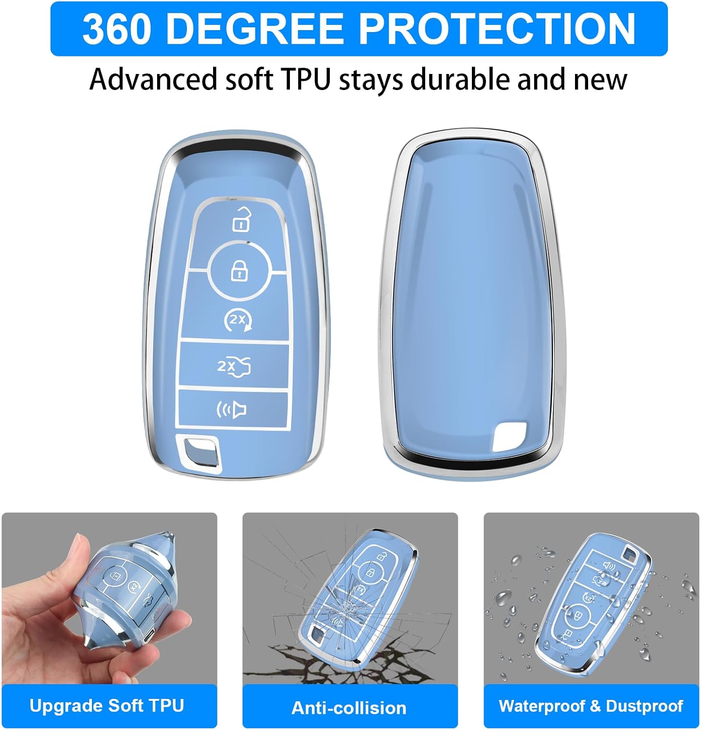 QBUC for Ford Key Fob Cover,Compatible with Ford Mustang Fusion Raptor F150 Edge Explorer Expedition Lincoln Aviator Corsair,5 Buttons TPU Key Cover with Silver Edge (A-Blue)