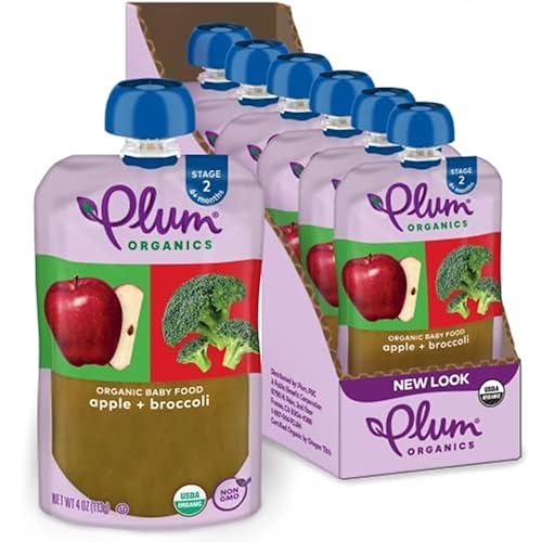 Plum Organics Stage 2 - Alimento orgánico para bebés manzana y brócoli bolsa de 4 onzas paquete de 6