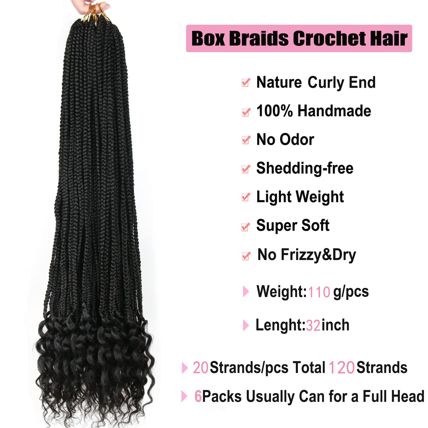 Caja de Crochet Trenzas de Crochet Cabello Negro Trenzas de Crochet con Extremos Rizados Trenzas Cabello para Mujeres Caja de Crochet Trenzas Pre Looped Trenzas Extensiones de Cabello (32 pulgadas,