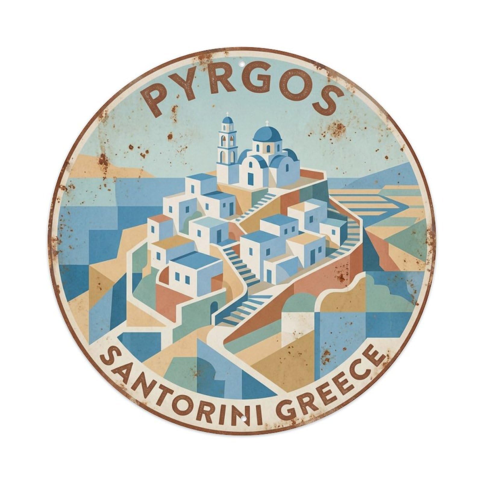Vintage Travel Pyrgos Santorini Hilltop Metal Tin Sign
