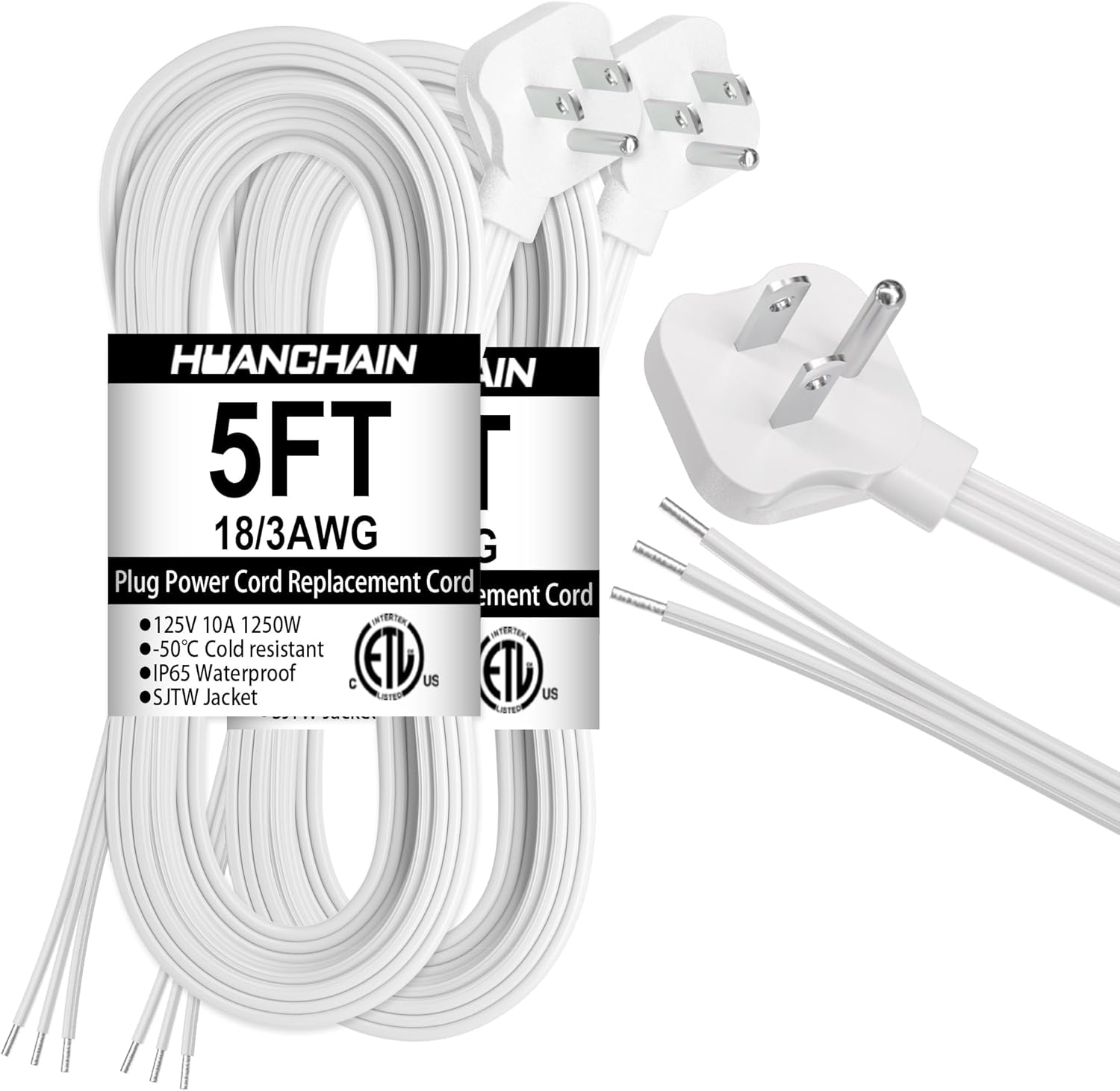 HUANCHAIN Flat Plug Replacement Power Cord 5ft 2 Pack 18/3 White, Replacement Plug 3 Prong Grounded Low Profile Extension Cord Flexible for Universal AC Appliance, 10A 1250W 125V 18AWG SJTW, ETL