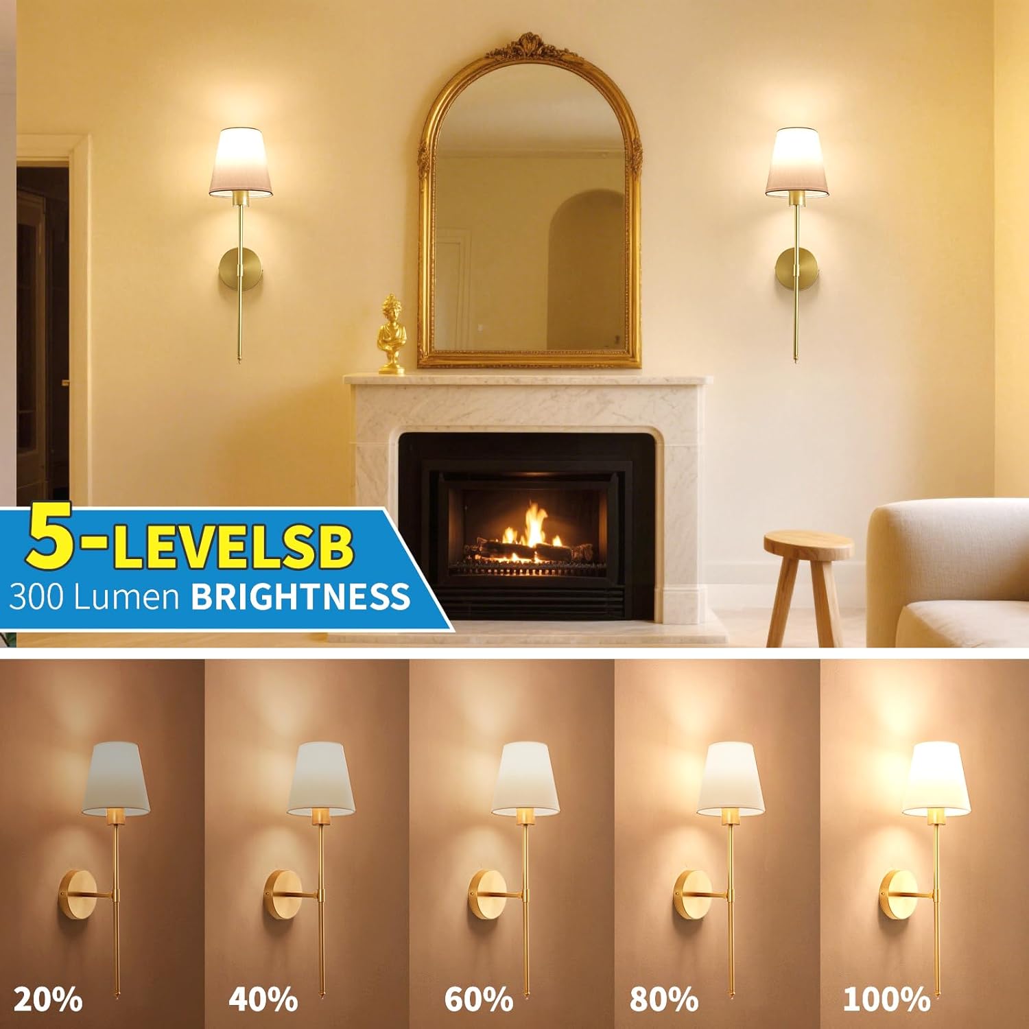 Battery Operated Wall Sconce Set of 2, Gold Rechargeable Wireless Wall Lights with Remote - 5000mAh Dimmable RGB Bulbs | 15 Color, Cordless Wall Lamps for Bedroom, Living Room, Hallway Decor