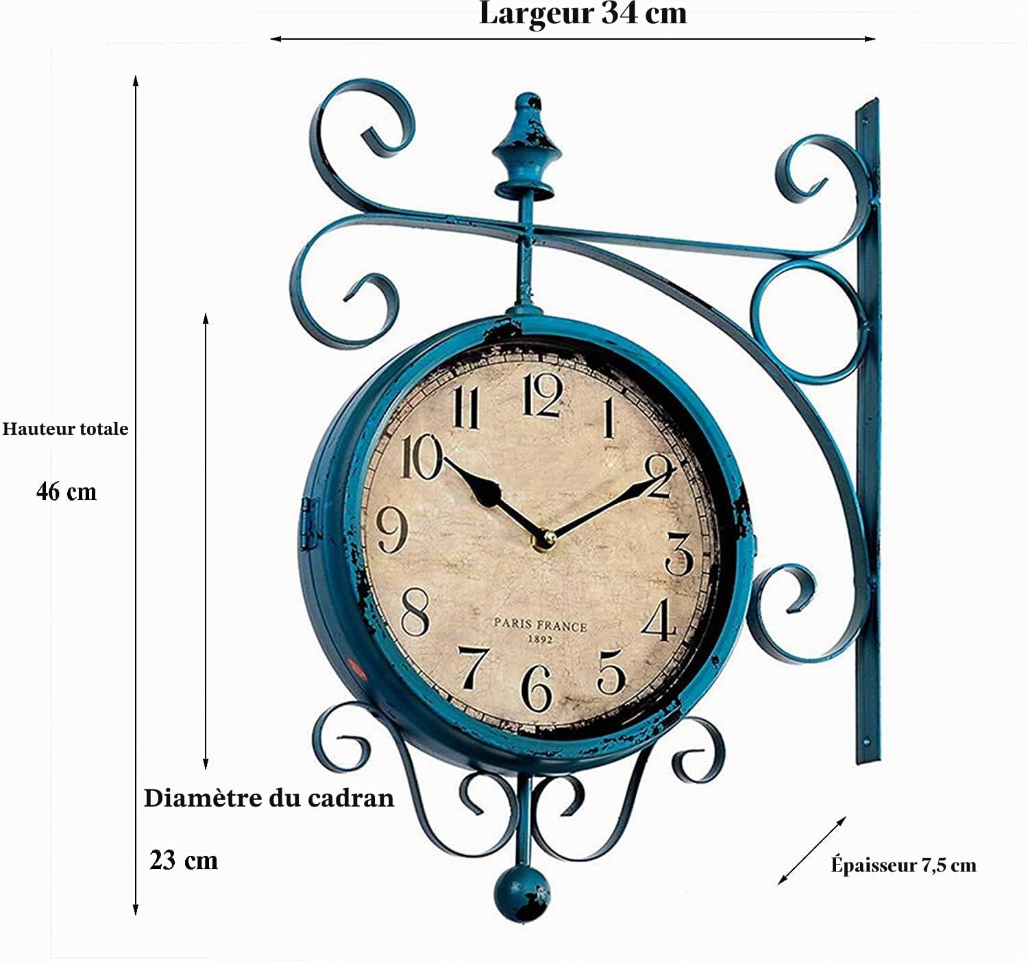 Horloge Murale,Horloge de Gare Double Face Bleue, Horloge de Jardin extérieure résistante aux intempéries, Rotation à 360 ° en Fer forgé, décoration rétro, horloges de Jardin extérieures pou