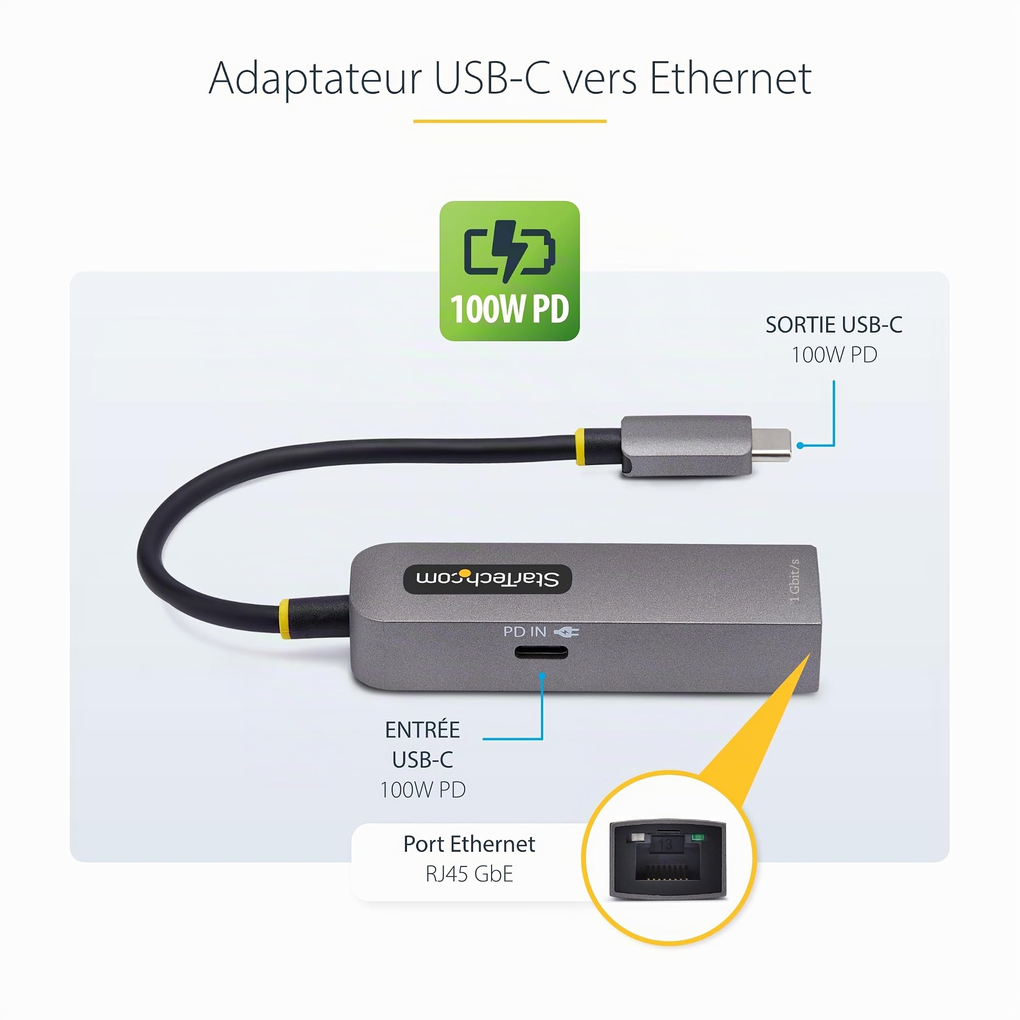 StarTech.com Adaptateur USB-C vers Ethernet, NIC, 100W PD Pass-Through, Adaptateur Réseau USB 3.0 Type-C 1Gbps Multi Speed