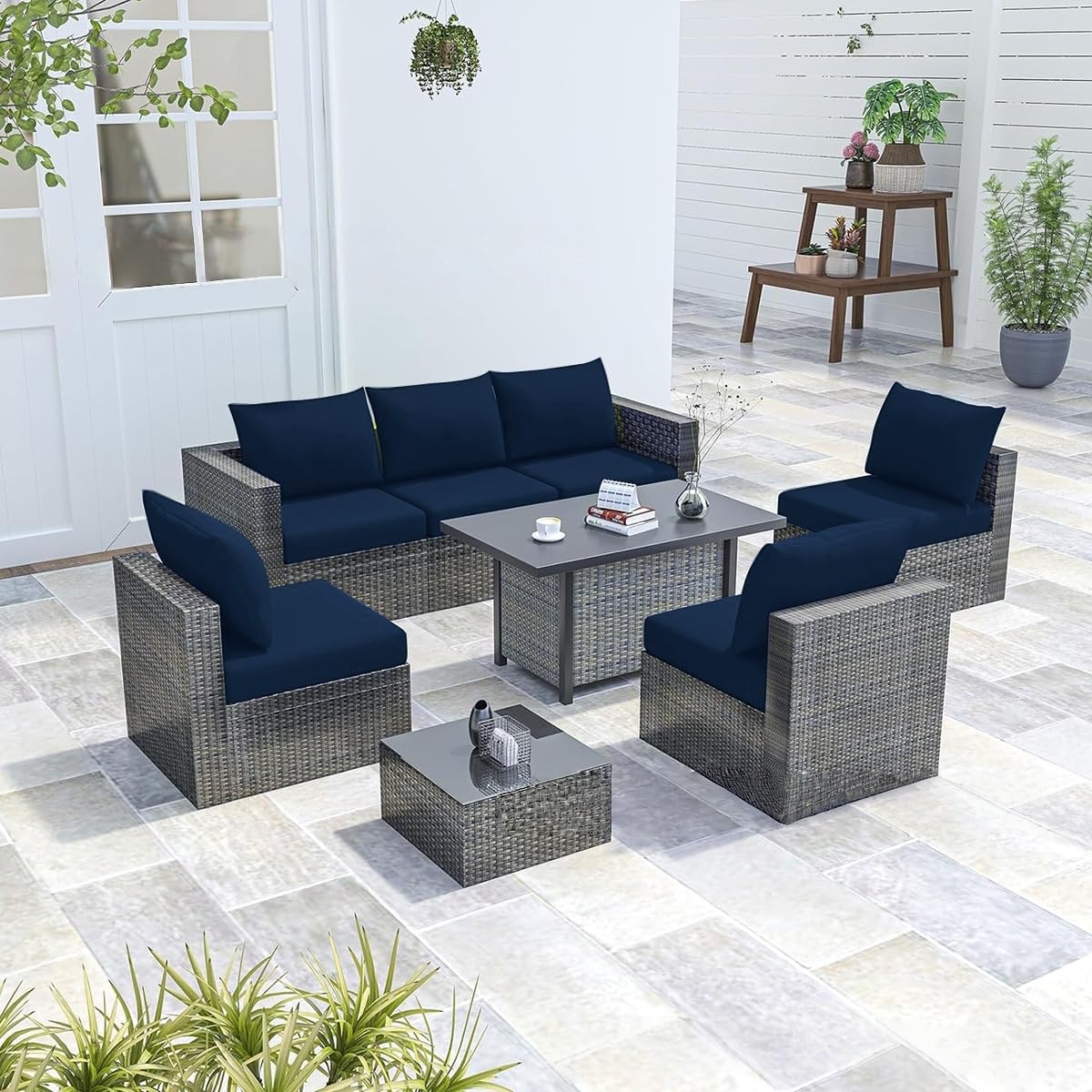 Hiseng Lot de 8/12/14 Housses de Coussin d'extérieur Extensible pour Salon de Jardin, Couleurs Unies Housses de Coussin de Rechange Canapé Extérieur Meubles de Terrasse (Bleu Marine,12 pièces)