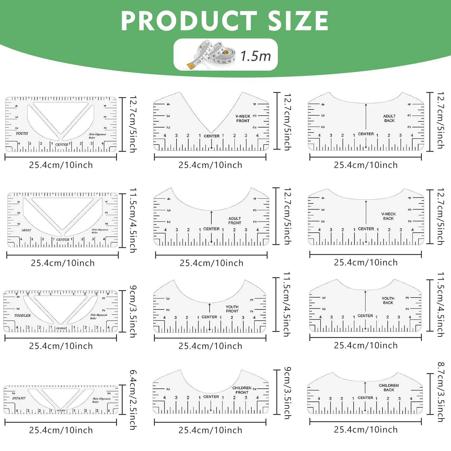 Kit Allineamento Magliette - 12 Righelli PVC, Metro A Nastro E Penna, Per Cucito Fai Da Te E Design T-Shirt - Foto 1