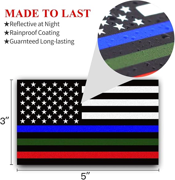 ANLEY 5 X 3 inch Thin Line US National Flag Decal - Blue Green and Red Reflective Stripe American Flag Car Stickers - Support Police Military and Fire Officers (3 Pack)