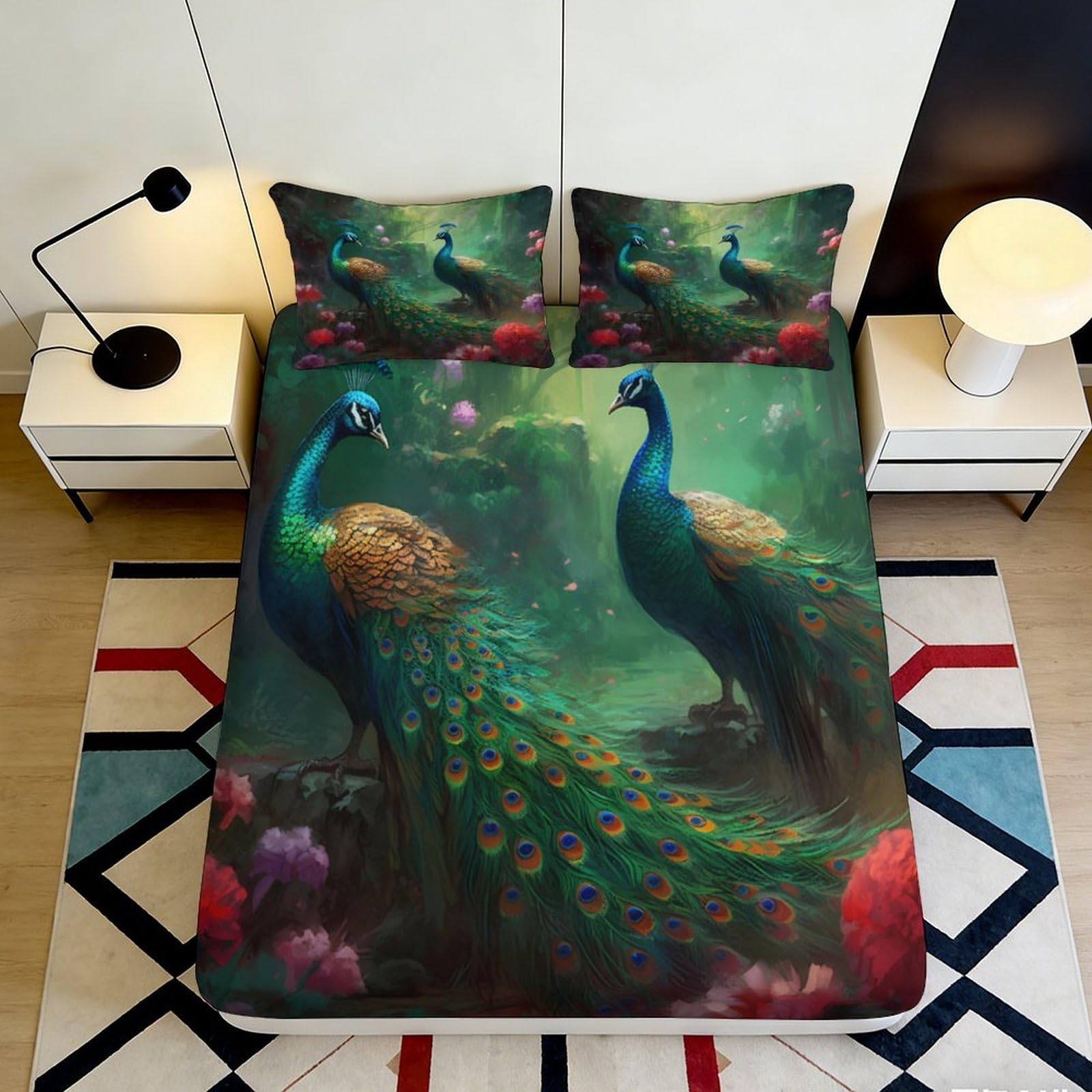 3D Printed Peacock Design Fitted Sheet Microfiber Soft Breathable Forest Theme Bed Cover for Bedroom Dormitory Guest Room Mattress Protection Decor 140x200x25cm