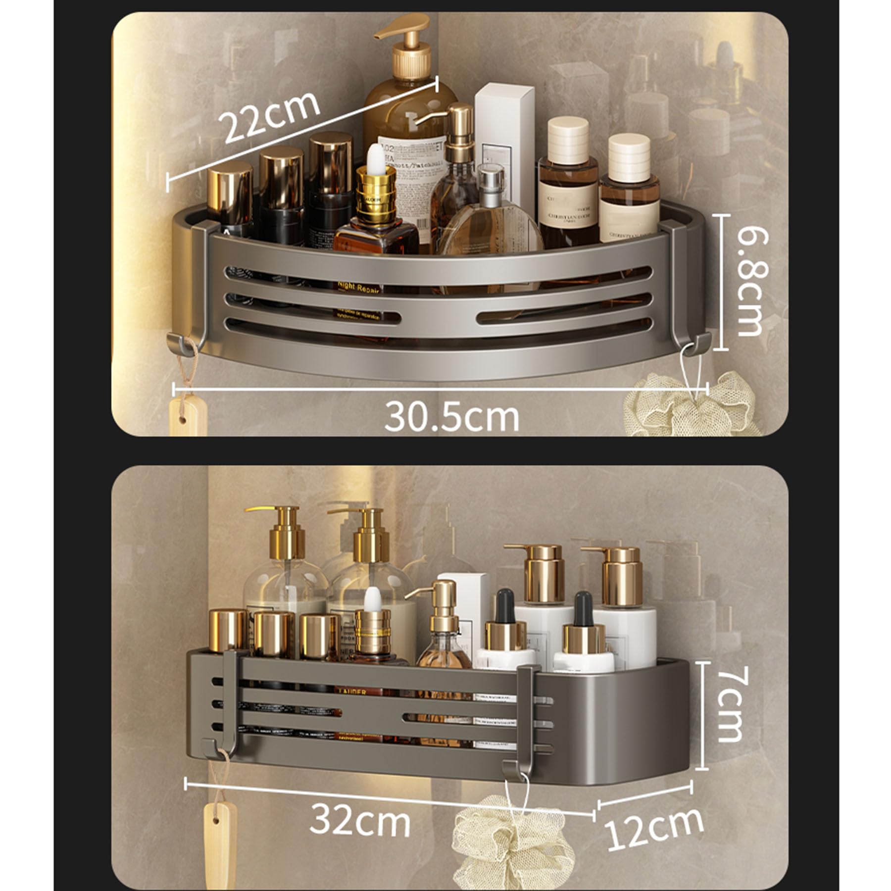 Estante Ducha Adhesivo, Estante de Almacenamiento para baño montado en la Pared, Organizador Ducha sin Taladro, estantes de Ducha Gran Capacidad a Prueba óxido con Ganchos,Blanca,B
