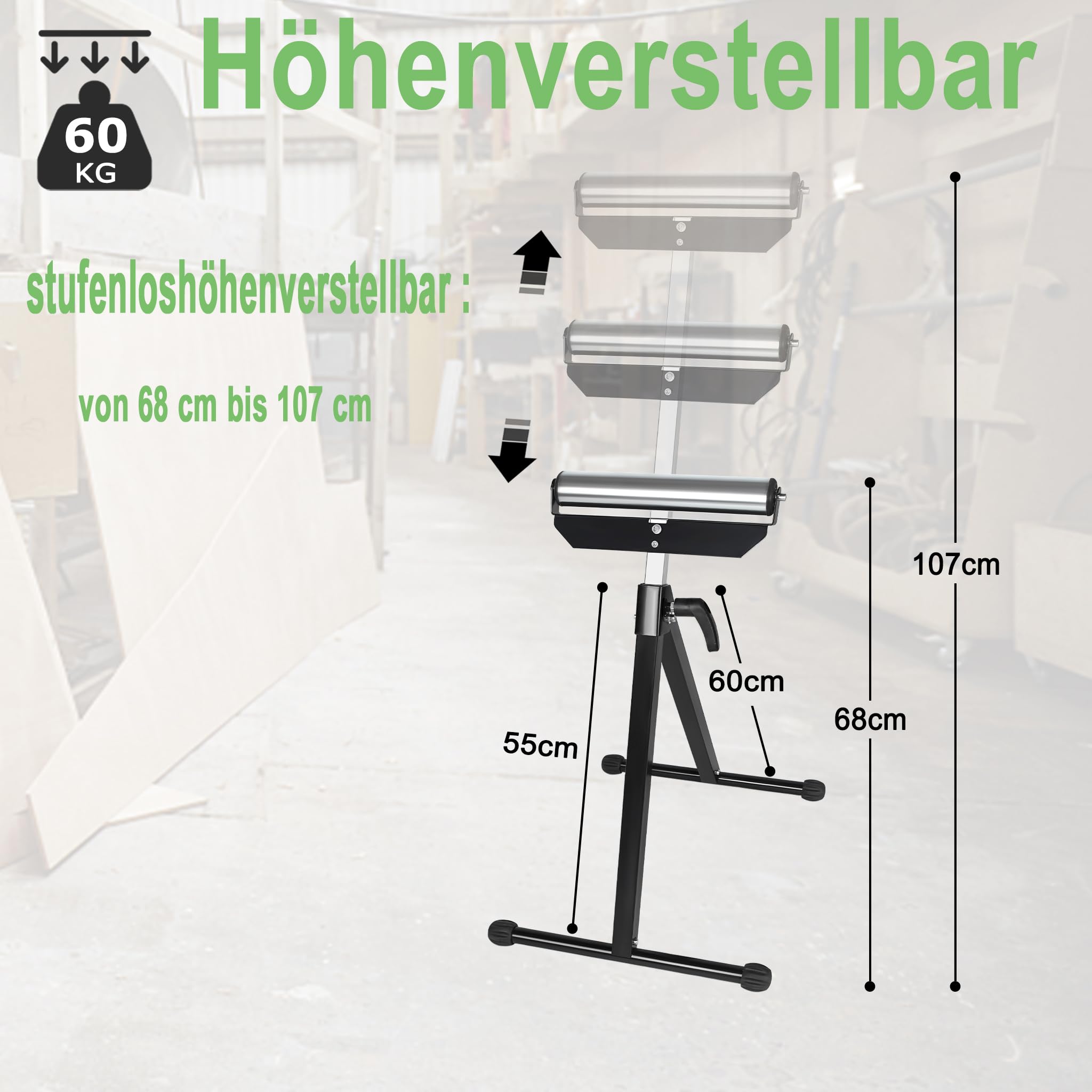 Supporto A Rulli Regolabile 68-107cm - Cavalletto Pieghevole Per Officina Fino A 60kg - Foto 8