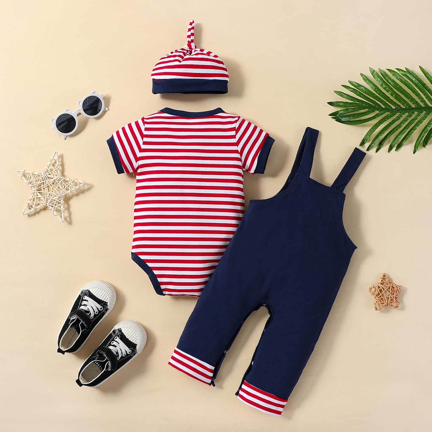 Baby Boys 4th of July Outfit Infant My First Independence Day Clothes Bodysuit+Overalls+Hat