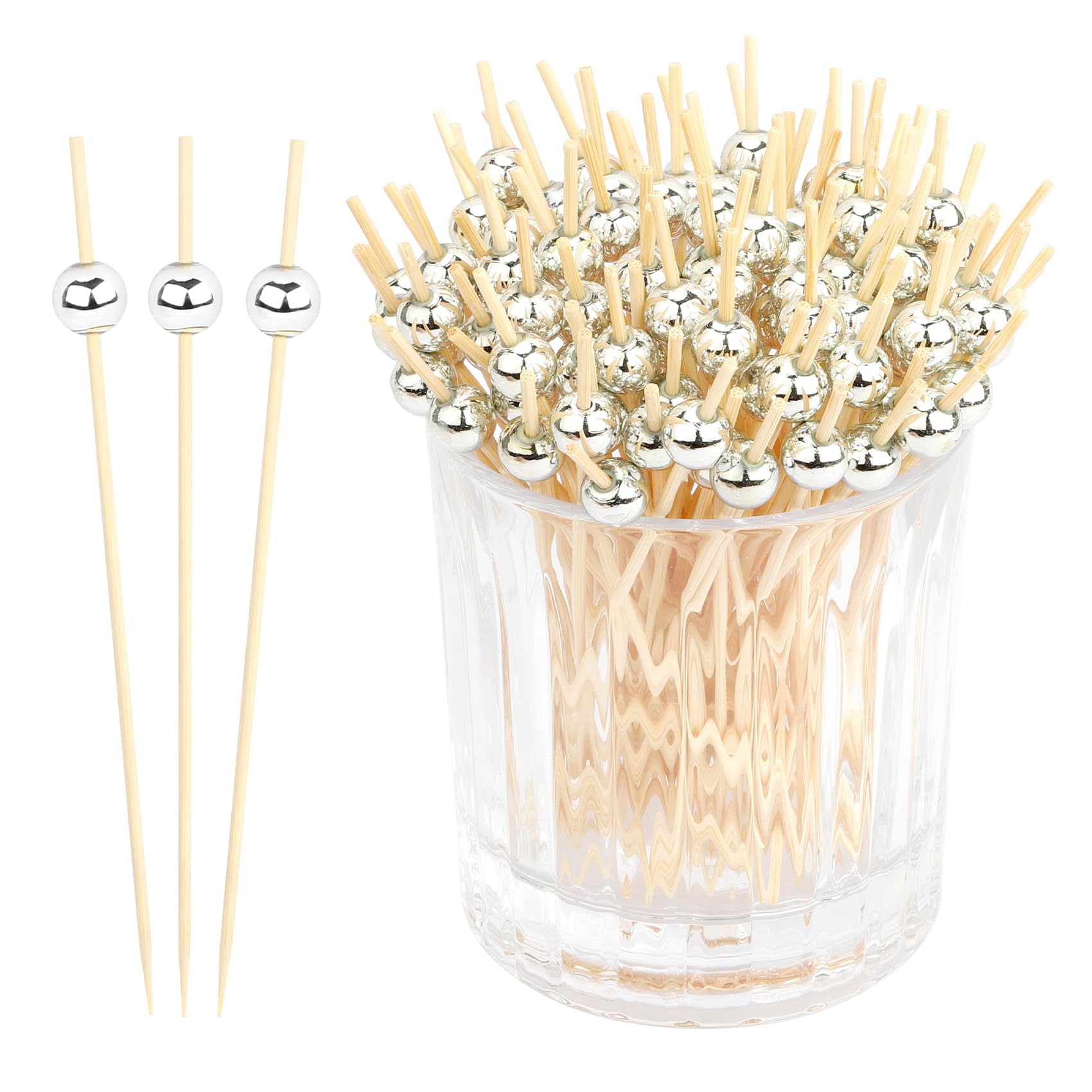 100 Stuzzicadenti Cocktail In Bambù 12 Cm Con Perlina Argento - Per Antipasti, Frutta, Decorazione - Foto 3