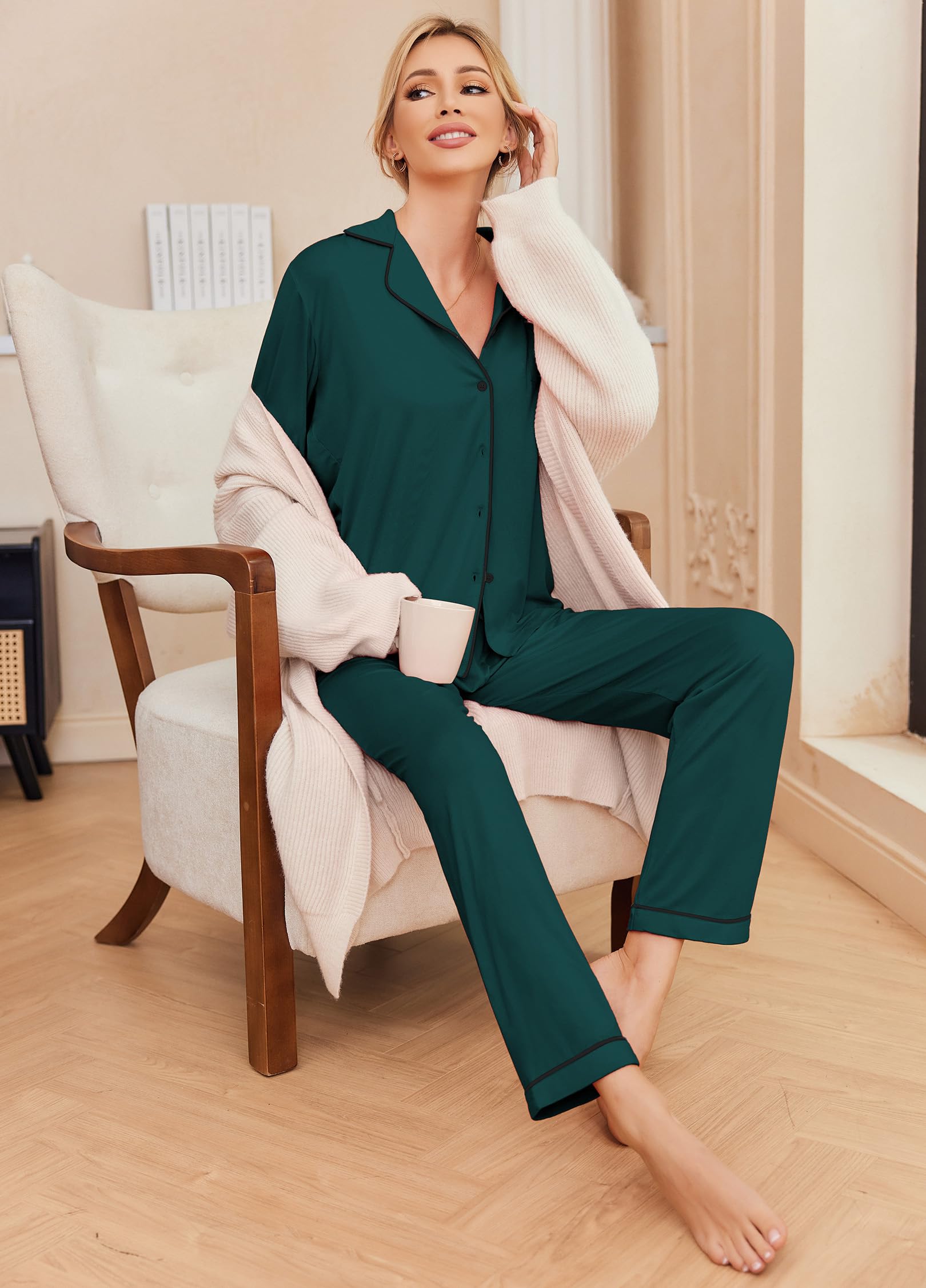 Ekouaer Pigiama Donna Maniche Lunghe Set Pigiama a Due Pezzi con Bottoni Abbigliamento da Notte Morbido Sleepwear Top e Pantaloni Pigiama XS-XXL
