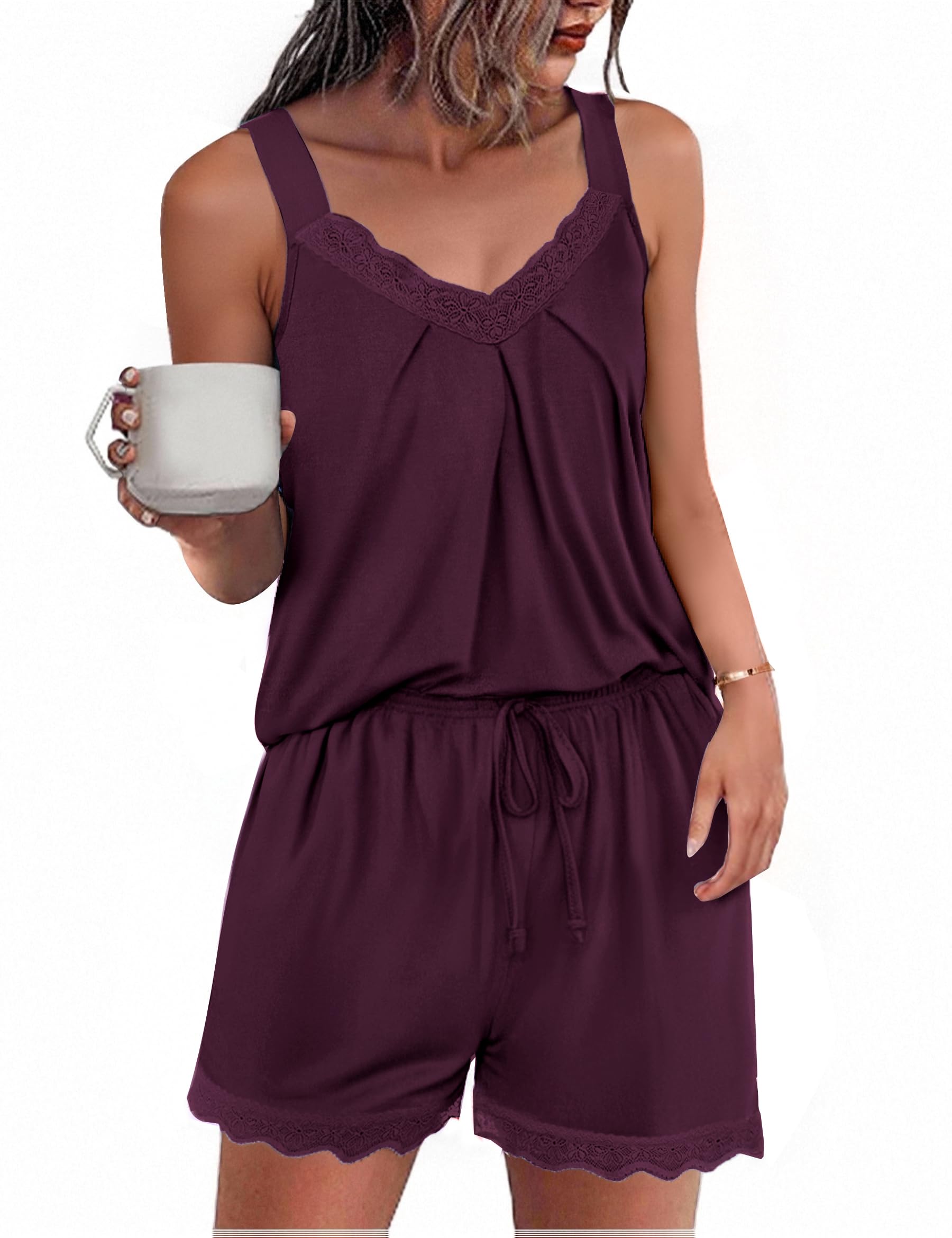 Uniexcosm Kurzer Schlafanzug Damen Pyjama Set Kurz Baumwolle Zweiteiliger Nachtwäsche Ärmelloses Spitze V-Ausschnitt Shirt und Schlafshort Sexy Sleepshirt für Frauen A:Dunkelfuchsia XXL
