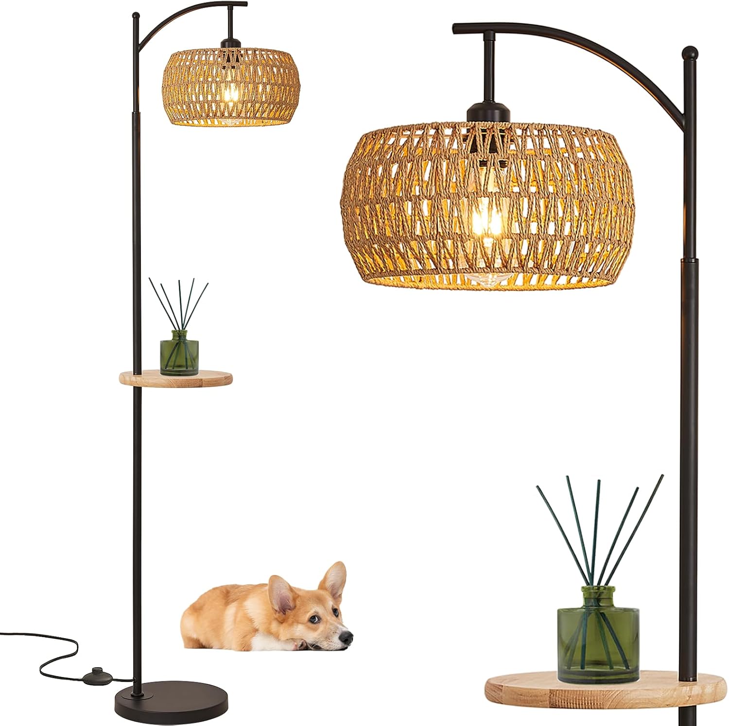 Boho Floor Lamp, Rattan Floor Lamp with Shelf, Bohemian Bamboo Wicker Coastal Rustic Farmhouse Woven Tropical Wood Tall Standing Lamp with Table for Living Room Bedroom