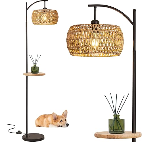 Lámpara de pie bohemia, lámpara de pie de ratán con estante, mimbre de bambú bohemio, costera, rústica, tejida de madera tropical, lámpara de pie