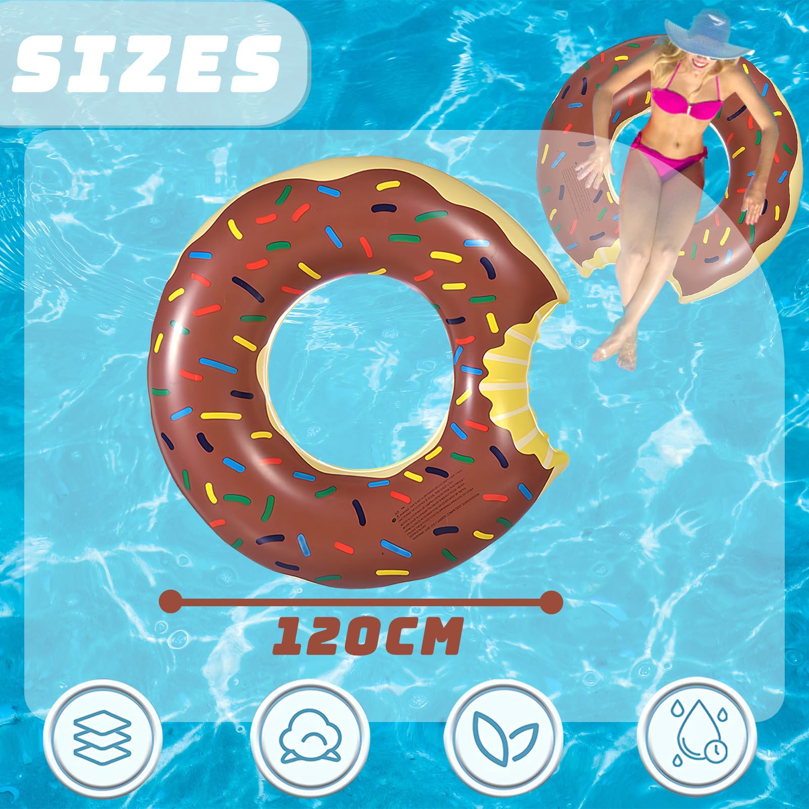 120cm Pool Inflatables Donut Swimming Ring Rubber Rings for Adults,Super Large Brown Doughnut Pool Ring Inflatable Pool Floats Swim Tubes Rings for Women Men Adult Summer Party Beach Water Sport - Image 2