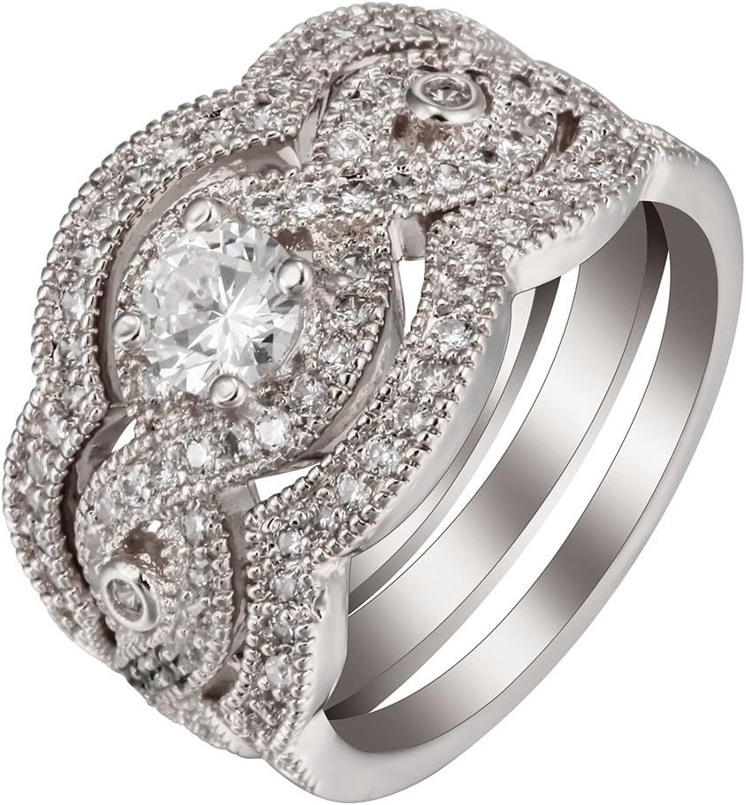 Halo Wedding Ring Set for Women by Ginger Lyne | Rose Gold Plated Cubic Zirconia 3 pc Engagement Ring and 2 Matching Wedding Bands for Her | Bridal Jewelry for Wife or Girlfriend