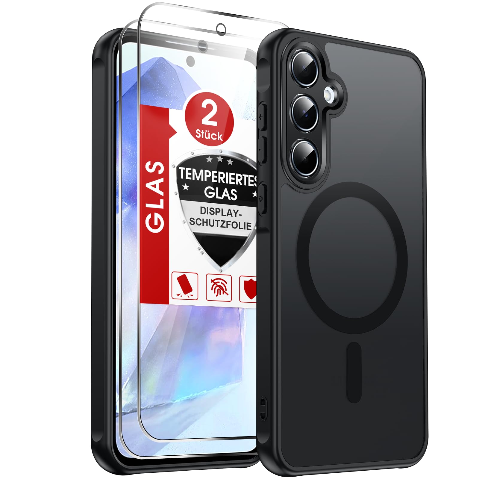 LeYi für Samsung Galaxy A55 5G Hülle für Magsafe mit 2X Panzerglas-Schwarz