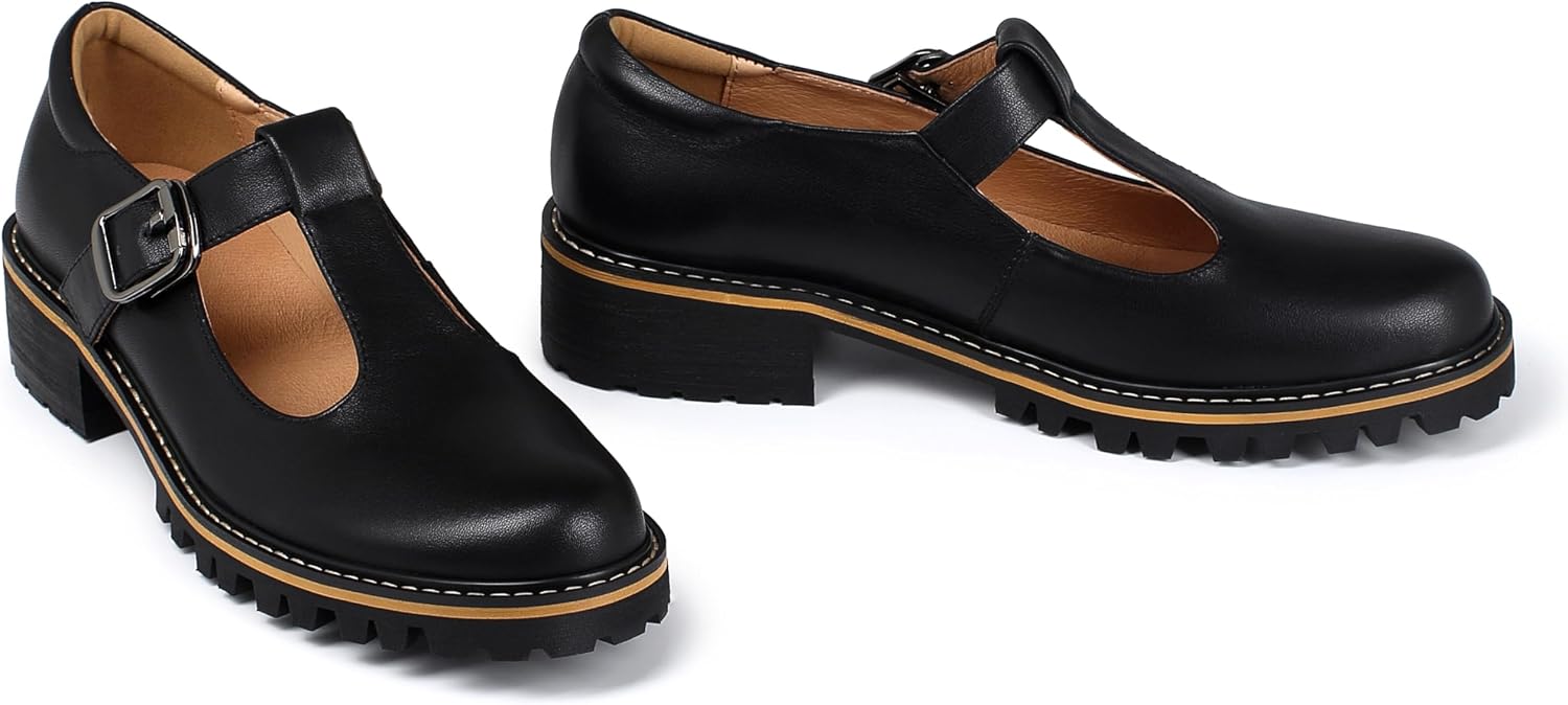 Women's Leather Oxford Mary Janes Shoes Flats Chunky Low Heels Platform Sewing Retro Classics Round Toe Ankle Strap