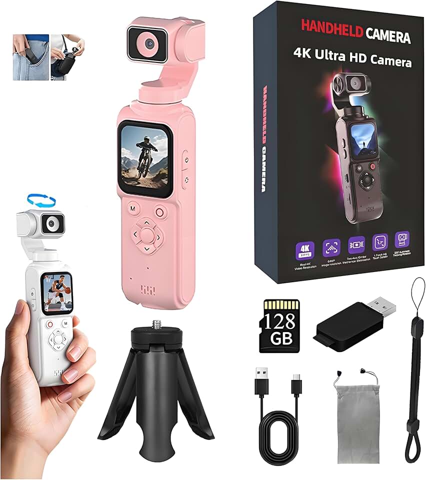 4K Handheld Vlogging Camera with WiFi—Outdoor Pocket Gimbal Camera,Handheld Video Camcorder with Audio &amp; Video Recording, 330 Rotating Lens,Fast Focusing,Tracking for Travel and vlog (pink-128g)