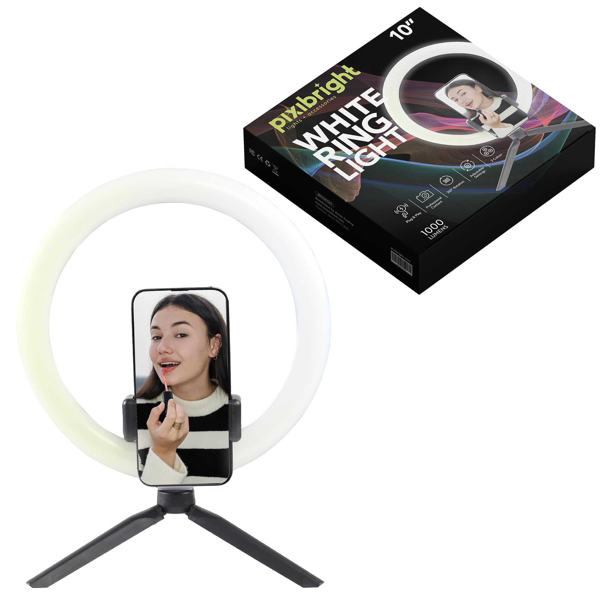 Pixibright Light/White/Yellow 10" Led Fill Ring With Tripod Stand & Phone Mount | 2M Usb Cable | Dual Color / Adjustable Ing | 1000 Lumens For Perfect Ing In Photos, Videos, And Livestreams