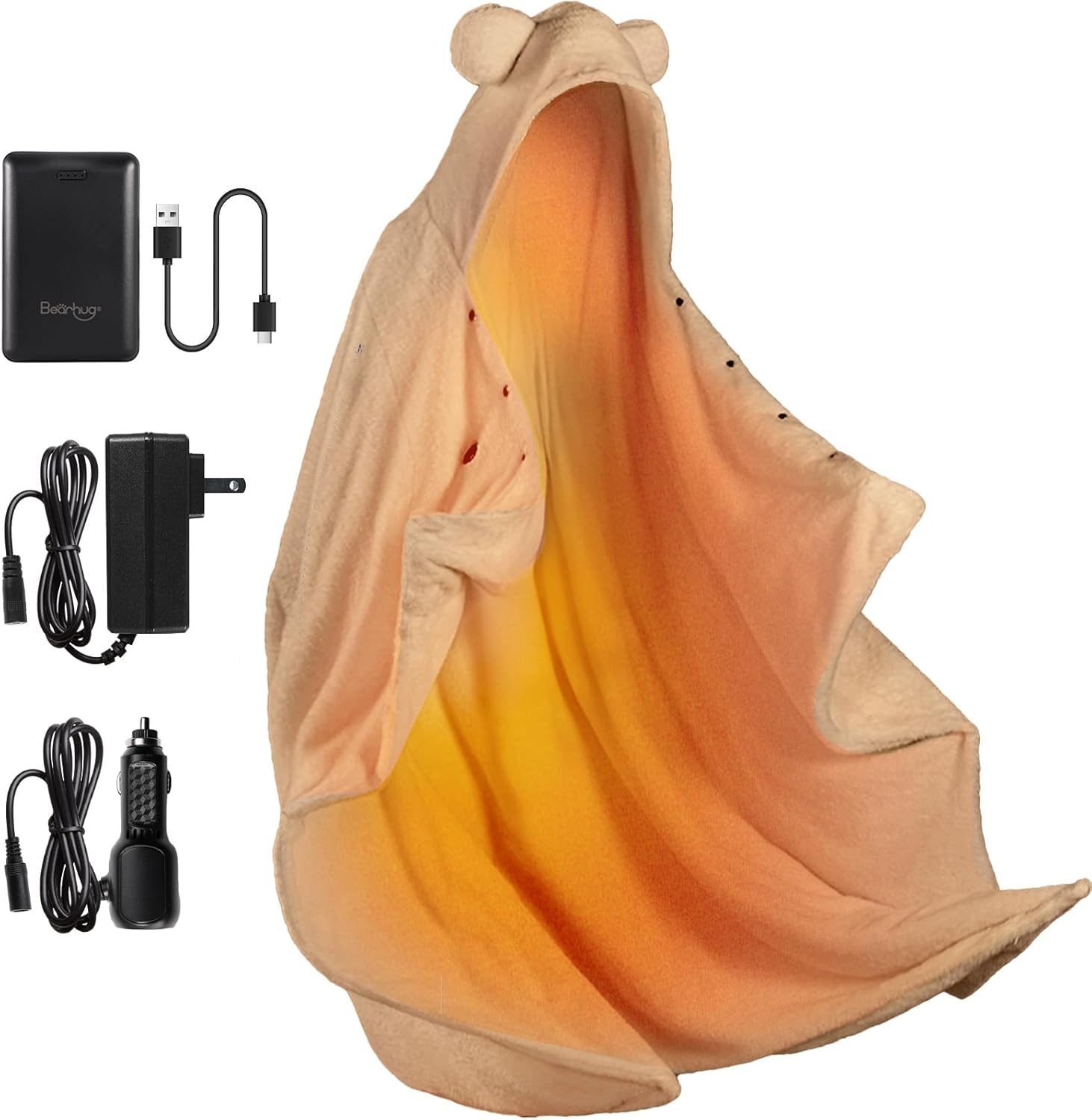 Bearbug Cordless Heated Blanket, Portable Wearable Electric Heated Blanket Shawl Hoodie Battery Operated with Power Bank, Car Charger, Dc Adapter, 3 Heating Level, Machine Washable