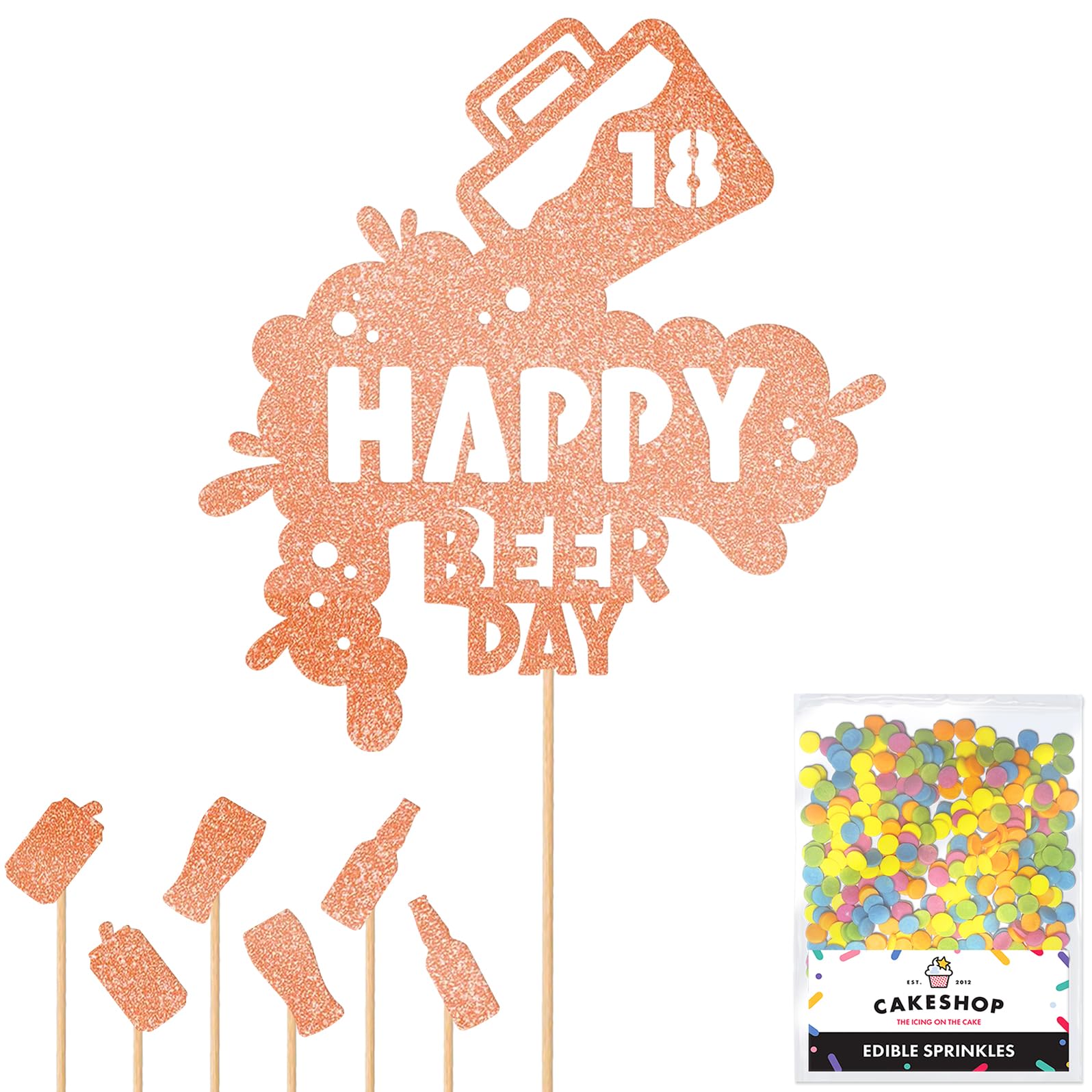 Personalised Happy Beer Day Glitter Cake Topper - Rose Gold Custom Age Glitter Cake Decoration and Sprinkles - Happy Birthday Decorations - Personalised Toppers for Cakes by Cakeshop โ image 1