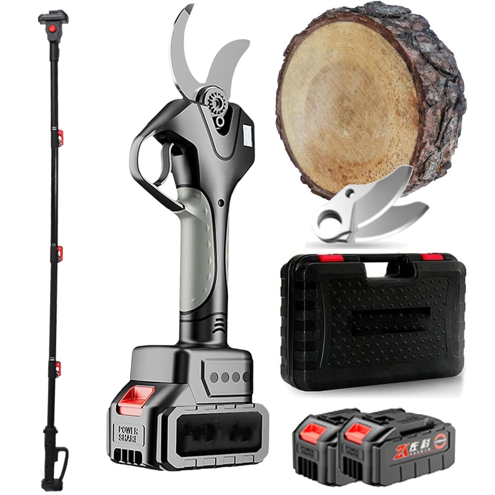 Tijeras De Podar Eléctricas Ultraligeras Con Mango De Extensión 2.1m - Corte 50mm, Batería Litio, Cuchillas SK5, Solo 0.8kg Para Poda En Altura(2 Battery)