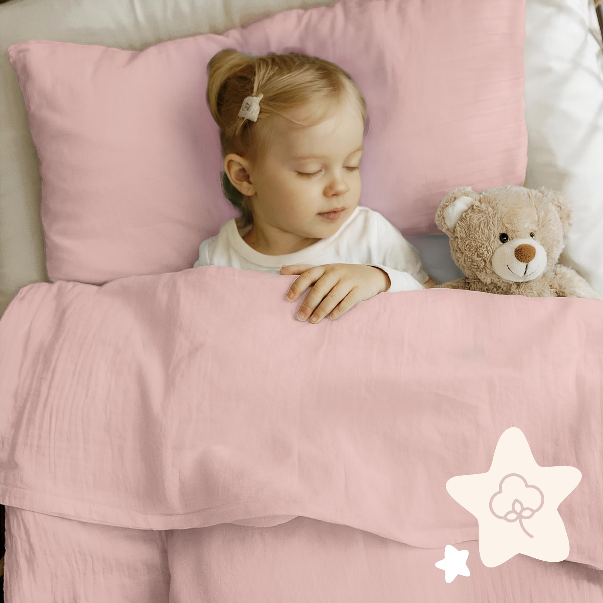 Dreamzie Kinderbettwäsche 100x135 cm + Kissenbezug 40x60 - Musselin Bettwäsche aus 100% Baumwolle, Oeko-TEX Zertifiziert, atmungsaktiv & hautfreundlich - Rosa