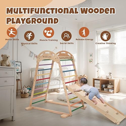 Miniatura 2 de COSYLAND Zona de juegos interior, juego de gimnasio de la jungla para niños, juguetes de escalada 7 en 1 para niños pequeños con anillo para colgar