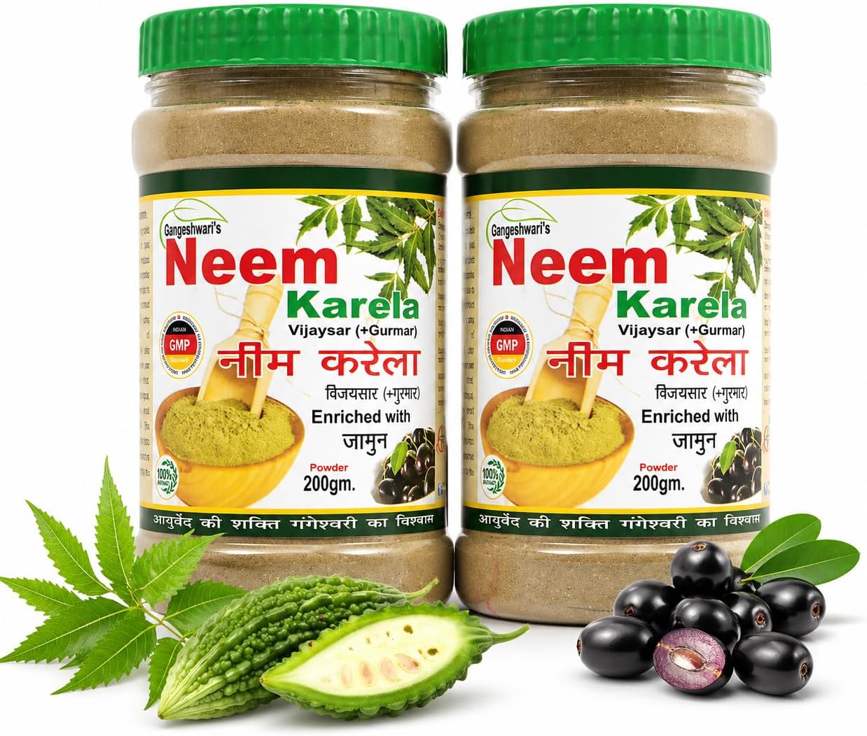 Neem Karela Jamun Powder for Sugar Control | Ayurvedic Diabetes Support with Gurmar & Vijaysar | Helps Maintain Healthy Blood Sugar Levels | 100% Natural Herbal Powder | 200g (Pack of 2)
