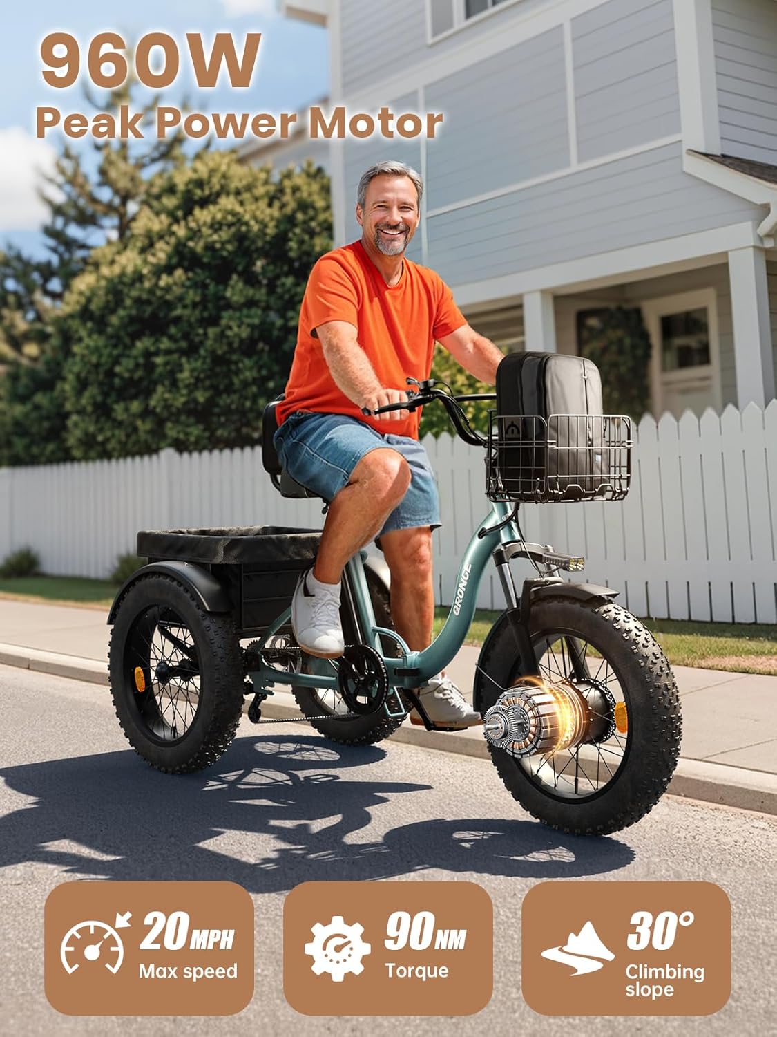 Electric Tricycle for Adults 960W Peak, 36V 15AH Battery Ebike 50 Miles Range with Large Rear Basket, Electric Trike 20"*4" Fat Tire, Max 20MPH 3 Wheel Folding Electric Trike for Adults(Lava)