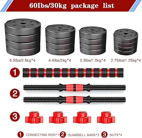 Vista 2 de Juego de mancuernas ajustables, 20/30/40/60/80 libras, juego de 2 mancuernas convertibles a barra, un par de pesas ligeras para gimnasio en casa