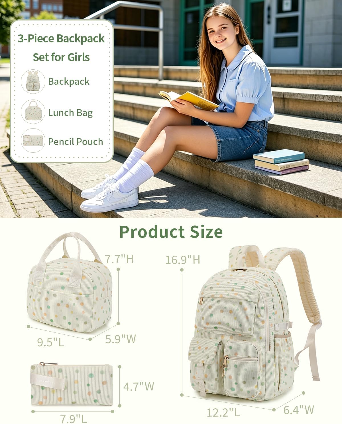 School Backpack Set for Girls Boys, Corduroy 3in1 Kids Elementary Middle High School Bags with Lunch Box Pencil Case, Lightweight Laptop Back Pack Travel Daypack - Polka Dot Print image 2