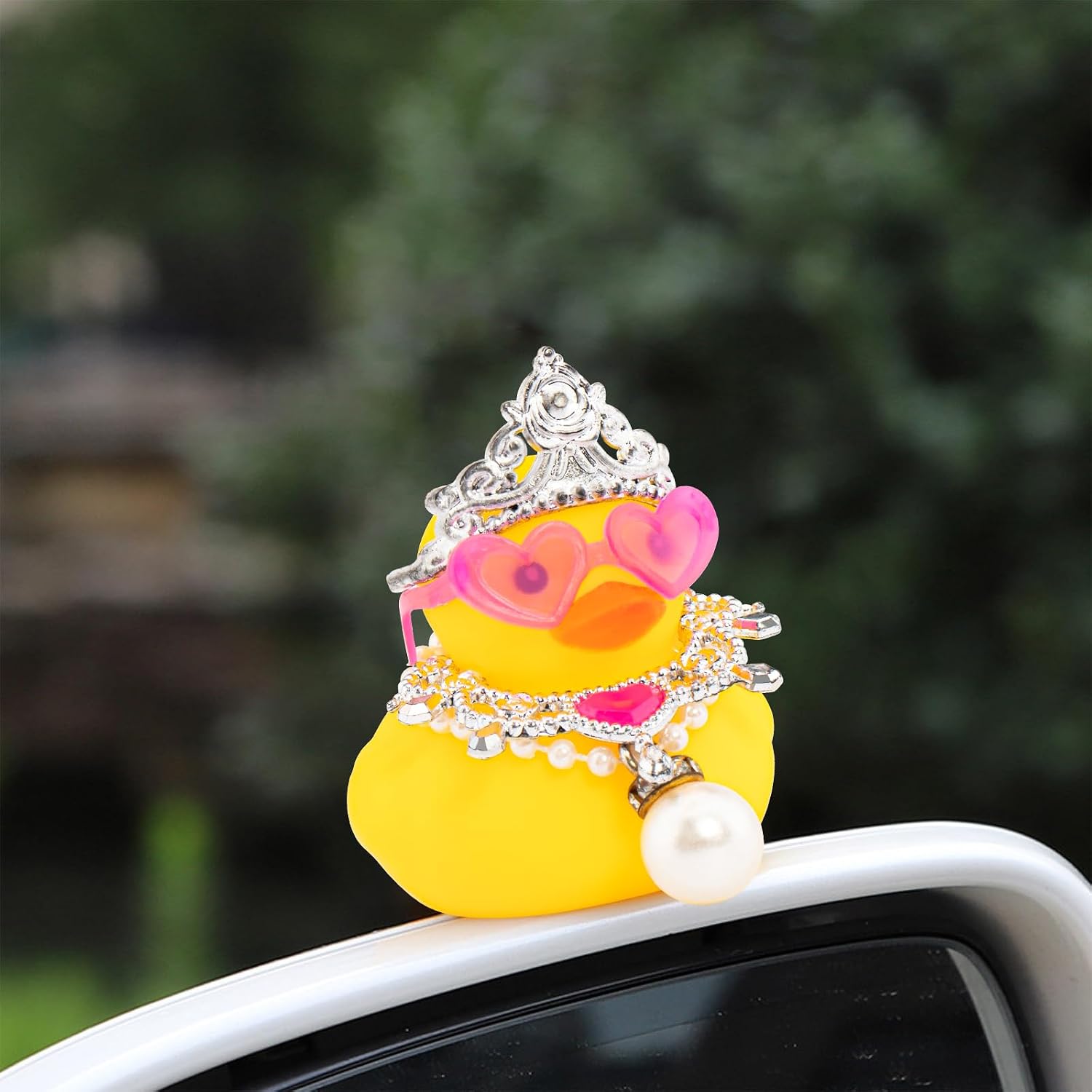 wonuu Car Decorations Rubber Ducks, Dashboard Crown Rubber Ducky for Car Ornament Cute Duck with Crown, Glasses, Necklace, Silver Pearl Jewelry Necklace image 3
