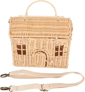TITA-DONG House Shape Handwoven Rattan Bag, Decorative Cute Handmade Beach Handbag Rustic Basket Container, Portable Handle Adjustable Strap Rattan Shoulder Bag for Beach Travel Outing