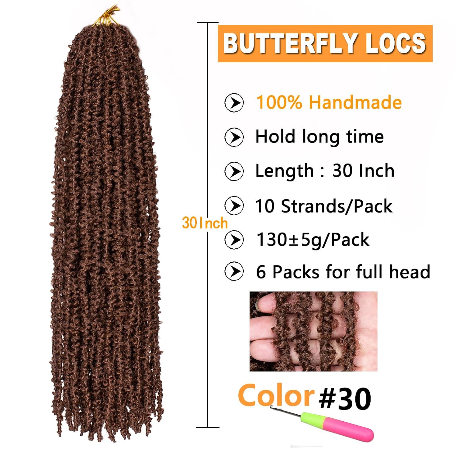 ZRQ 6 Packs Butterfly Locs Crochet Hair Extensions 30 Inch Brown Distressed Faux Locs Handmade Soft Locs Pre looped Boho Goddess Locs Natural Messy Goddess Soft Loc 30#
