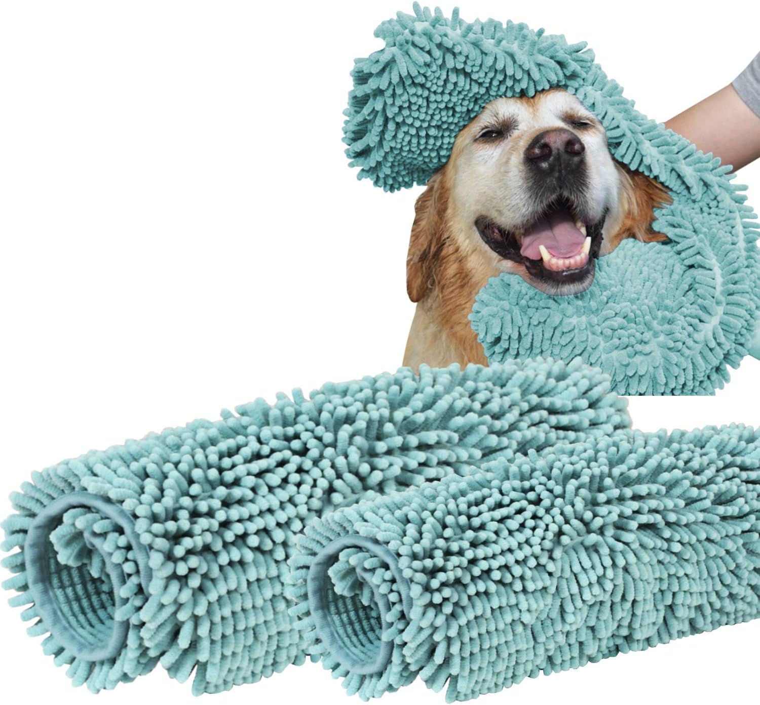 Turquoize 2 Pack Microfiber Pet Bath Towels Chenille for Cleaning Dogs & Cats - Large 32" x 16" Plus 24" x 14"- Hypoallergenic Grooming…