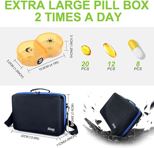Miniatura 6 de Pastillero mensual 2 veces al día, pastillero mensual AM PM con 32 bolsillos diarios, pastillero de viaje con estuche rígido portátil, caja de