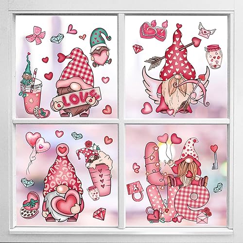 Miniatura 2 de 71 calcomanías de pared para ventana del día de San Valentín, diseño de corazón rosa, gnomo, 9 hojas de decoración de ventana de doble cara,