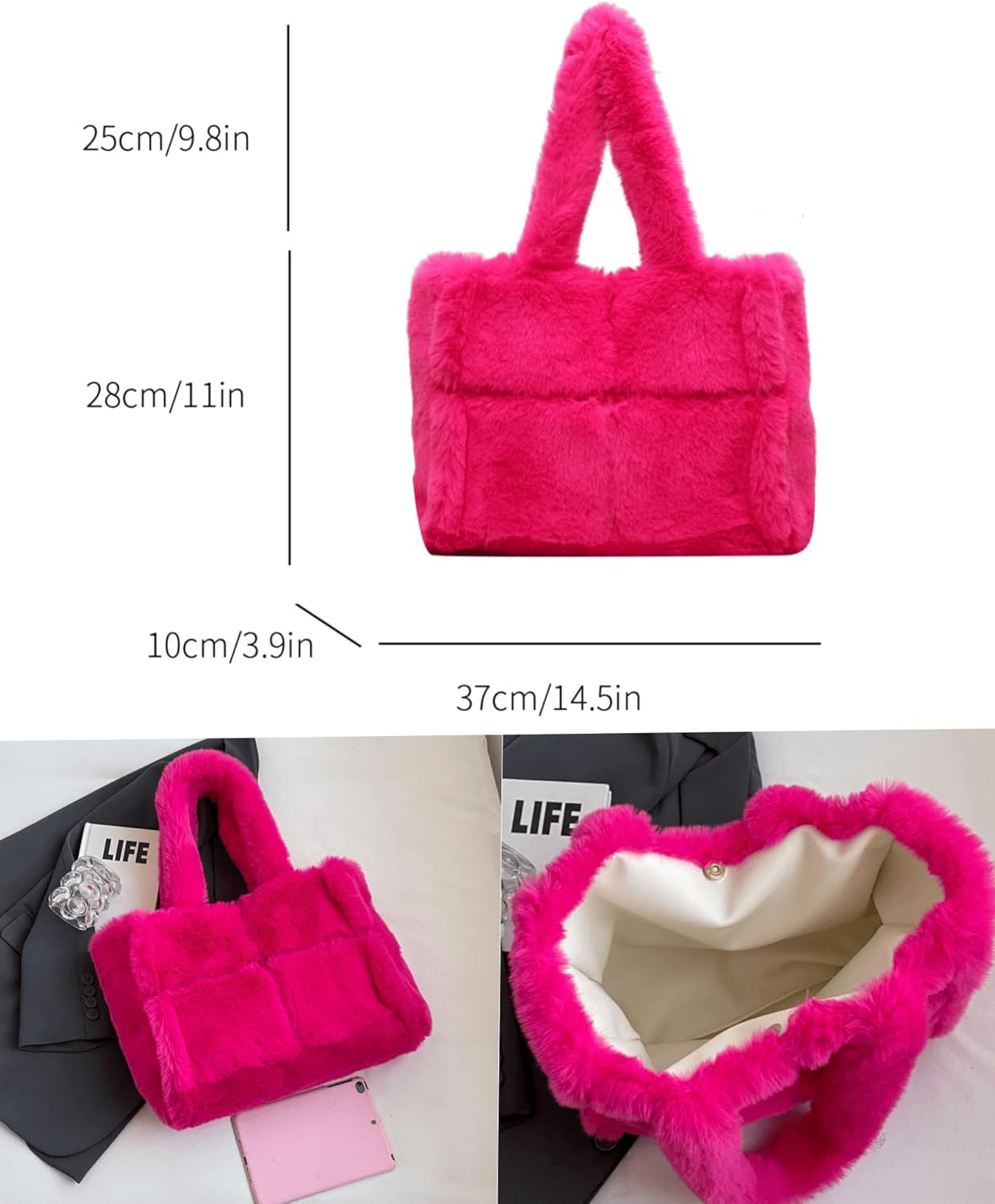 Soft Faux Fur Large Shoulder Tote Bag for Women Plush Handbag and Purse Furry Top Handle Bag