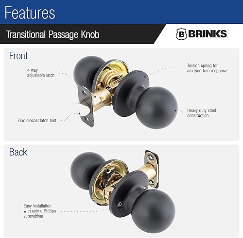 Miniatura 4 de BRINKS Pomos de puerta interiores, pomos de puerta de bola de transición sin bloqueo, negro mate para decoración tradicional y de transición