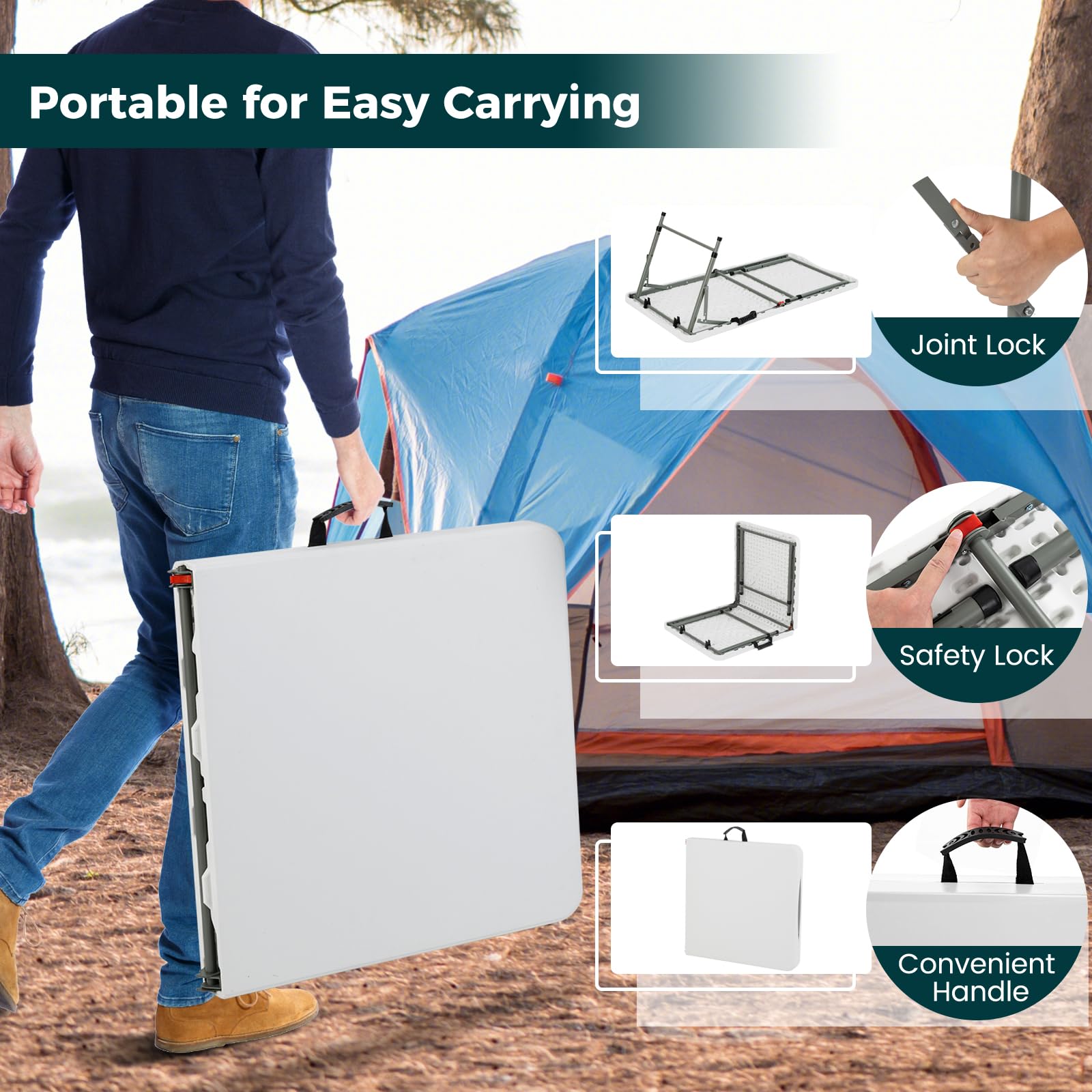 KOMFOTTEU Tavolo Pieghevole Regolabile in Altezza，122 x 61 x 50/62/74 cm | Tavolo da Campeggio, Picnic Richiudibile e Portatile con Maniglia di Trasporto, in HDPE, Telaio in Ferro, Bianco