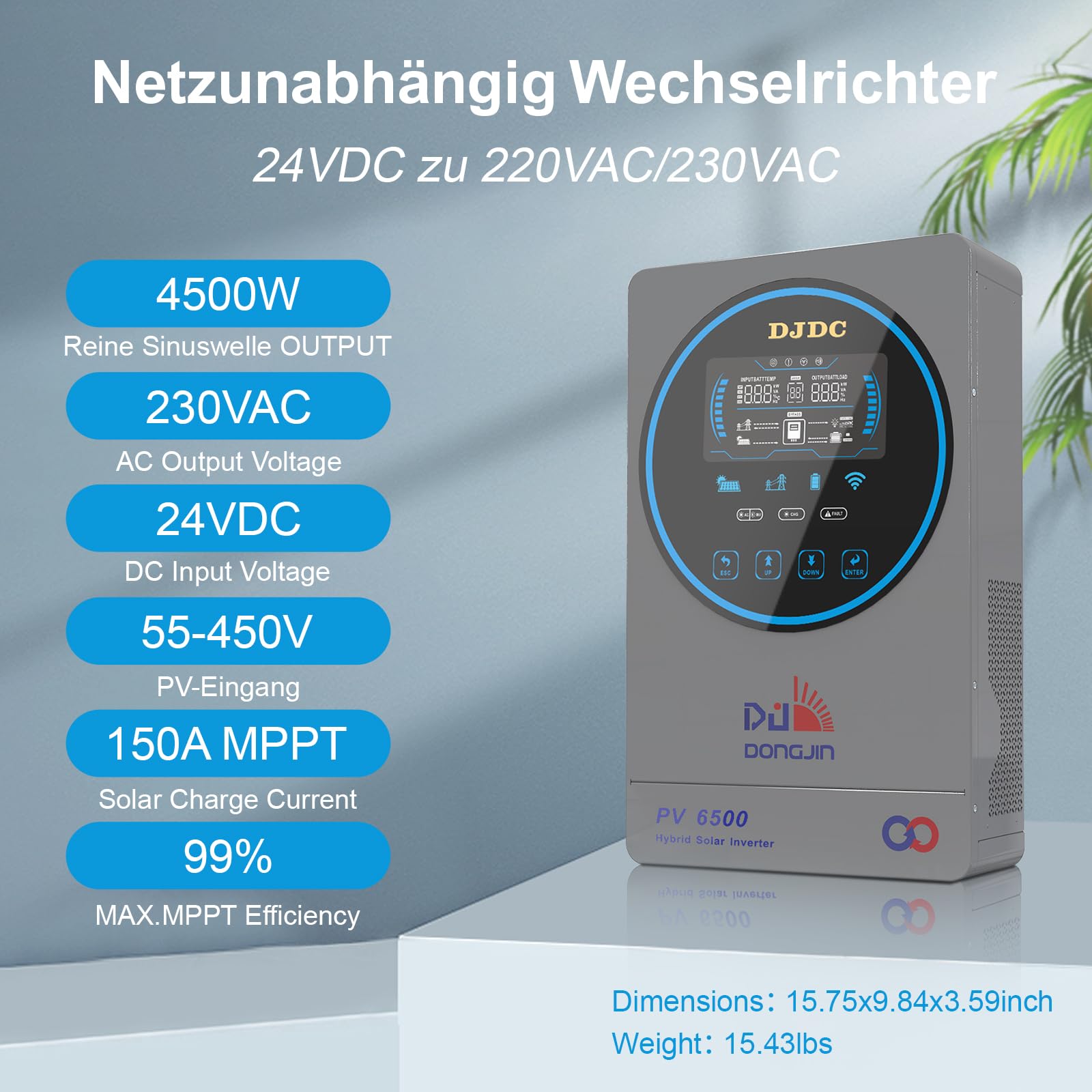 24V Hybrid Wechselrichter 4500W 24VDC auf 220/230VAC Reiner Sinus-Hybrid Wechselrichter mit 150A MPPT Solar Inverter Max. PV-Eingang 450V (24V4500W)